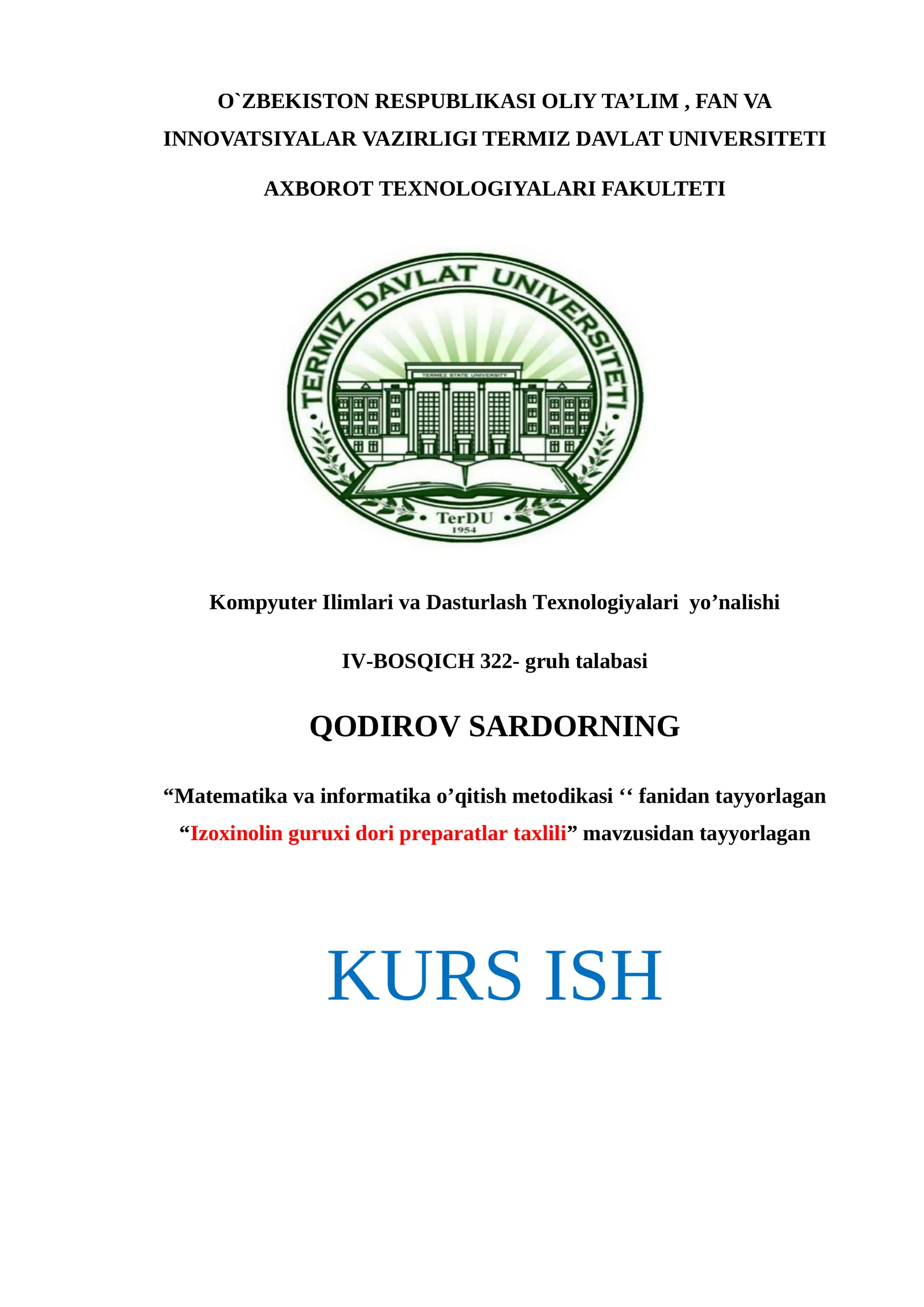 Izoxinolin guruxi dori preparatlar taxlili