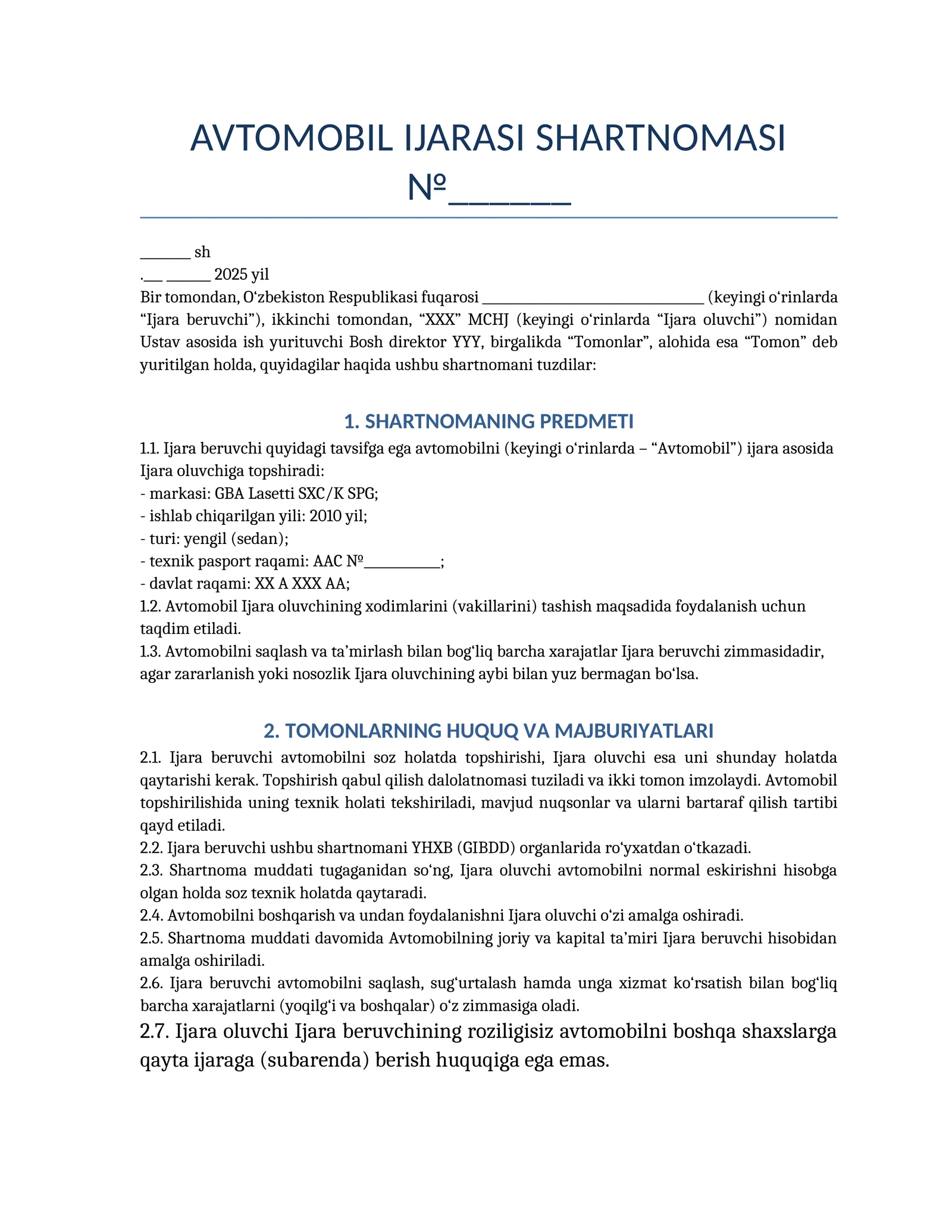 AVTOMOBIL IJARASI SHARTNOMASI