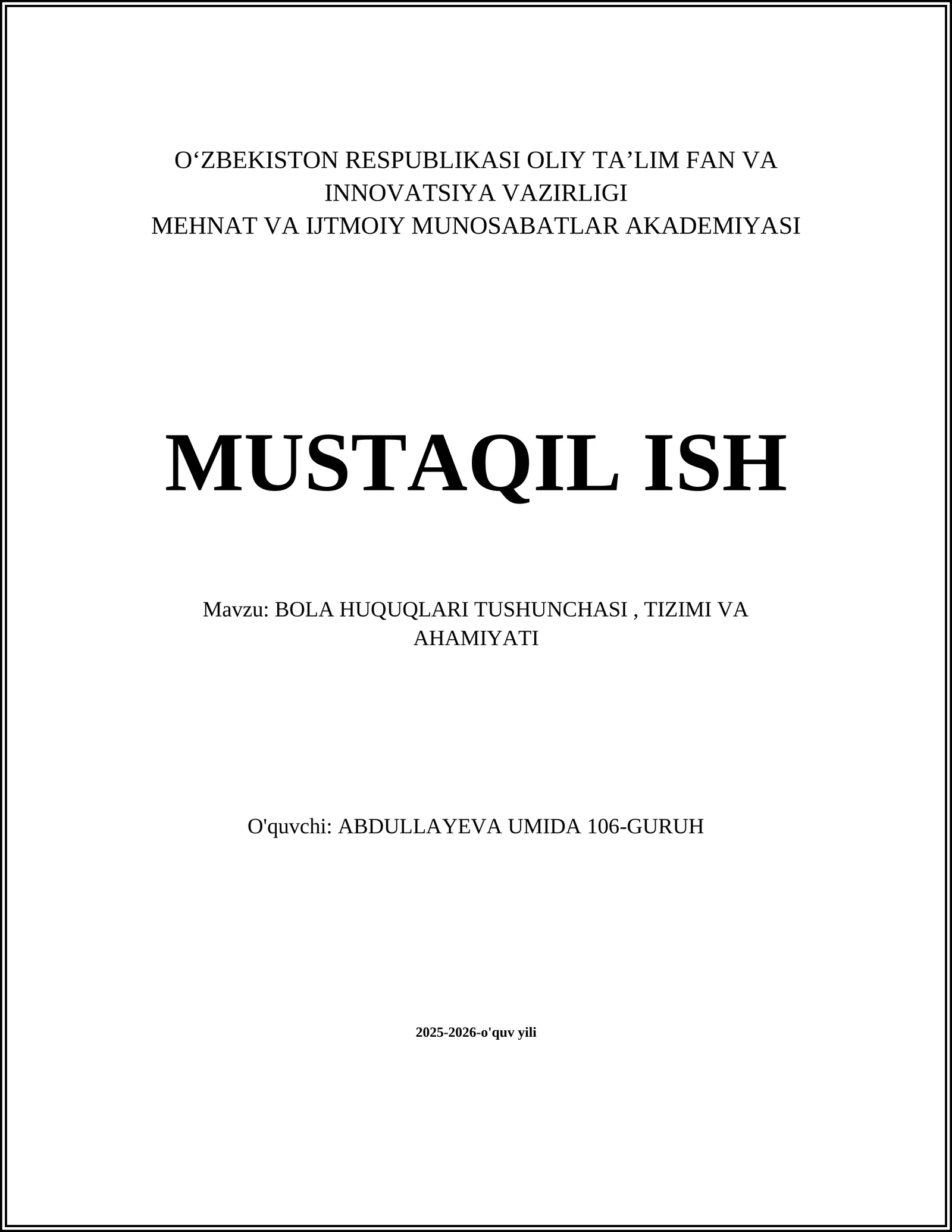 Bola huquqlari tushunchasi, tizimi va ahmiyati