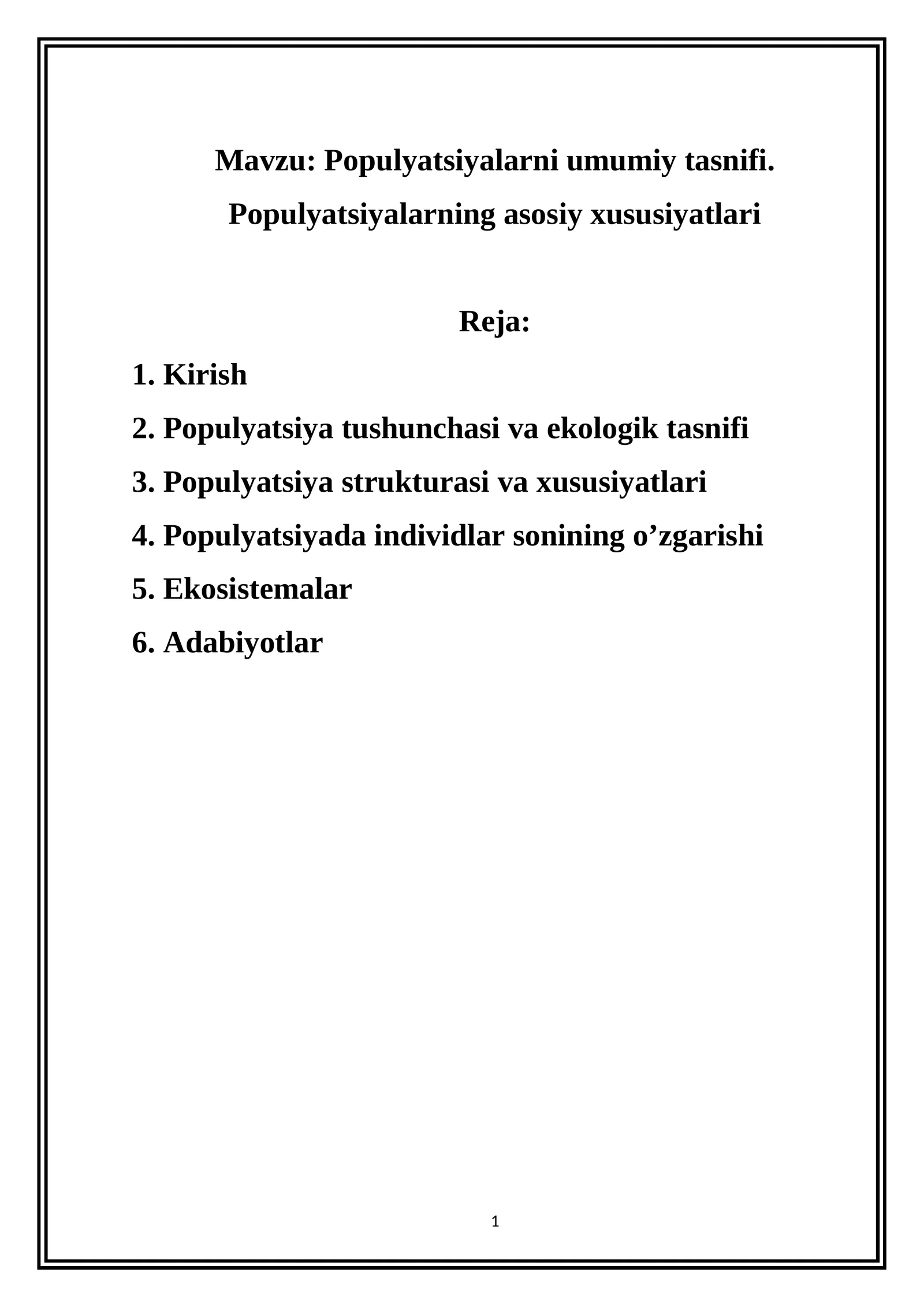 Populyatsiyalarni umumiy tasnifi
