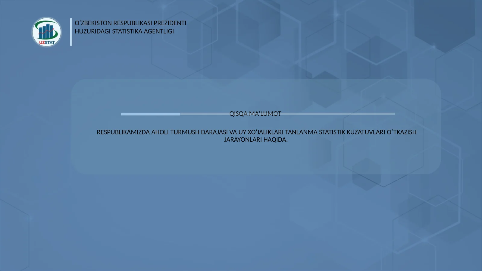 RESPUBLIKAMIZDA AHOLI TURMUSH DARAJASI VA UY XO‘JALIKLARI TANLANMA STATISTIK KUZATUVLARI O‘TKAZISH JARAYONLARI HAQIDA