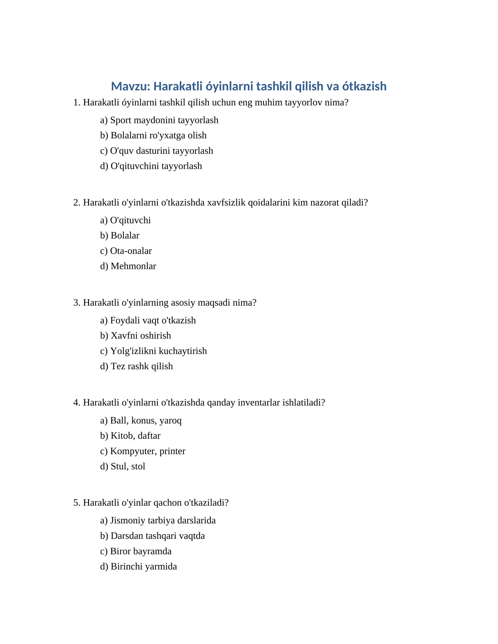 Harakatli óyinlarni tashkil qilish va ótkazish