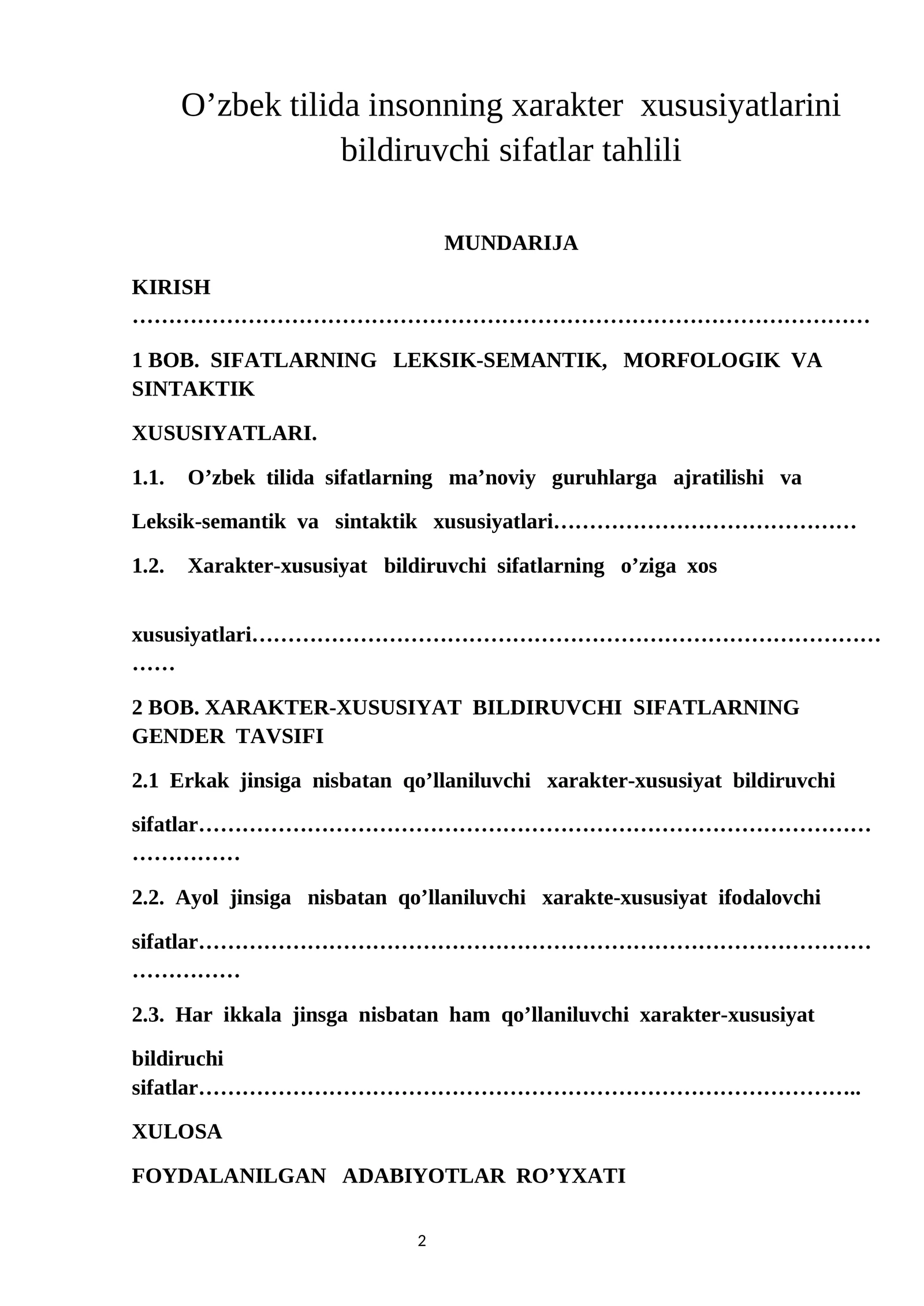 O’zbek tilida insonning xarakter xususiyatlarini bildiruvchi sifatlar tahlili