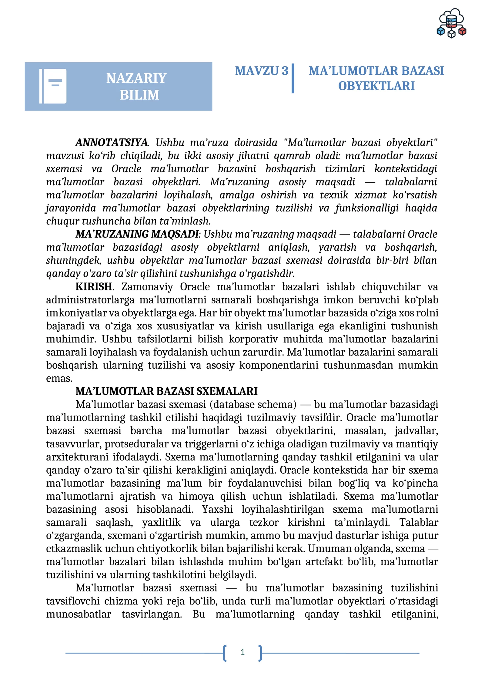 MA'LUMOTLAR BAZASI OBYEKTLARI