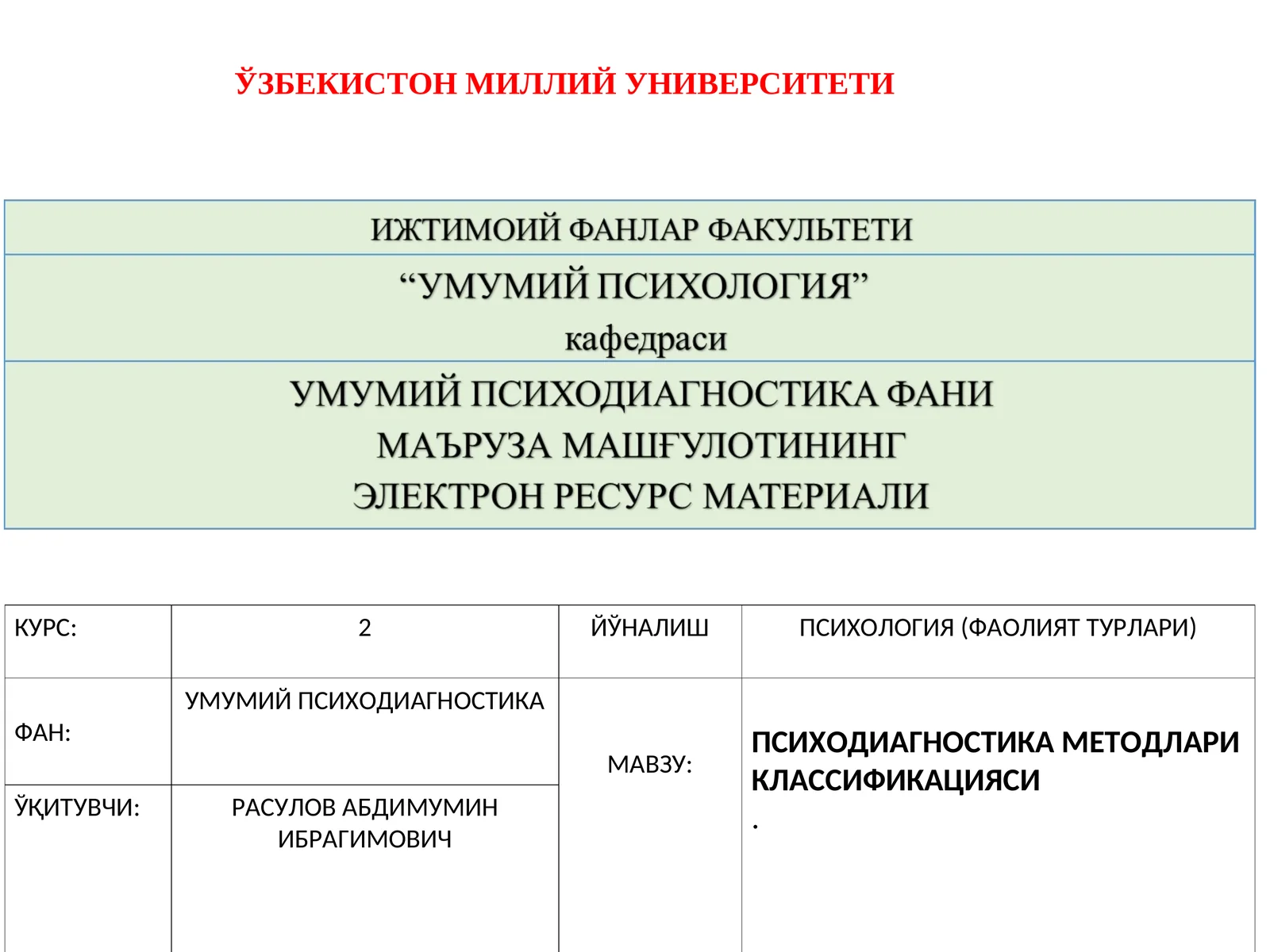 ПСИХОДИАГНОСТИКА МЕТОДЛАРИ КЛАССИФИКАЦИЯСИ