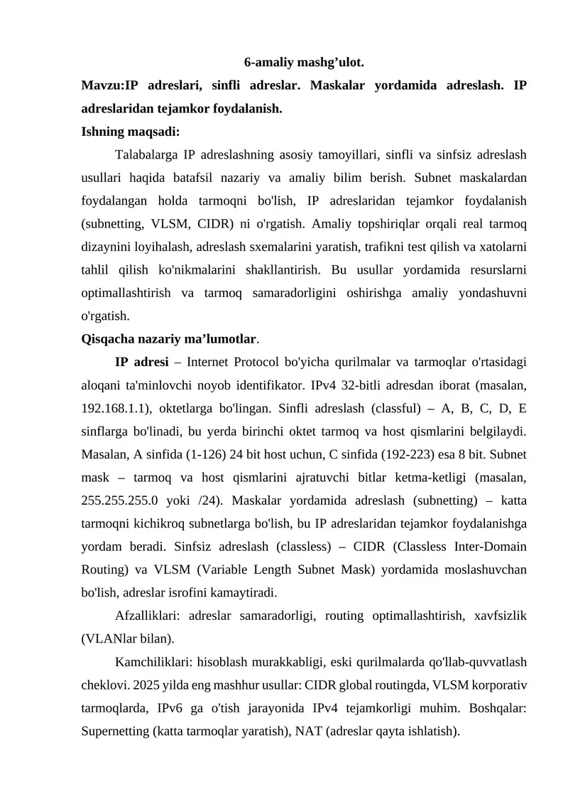 IP Adreslari va Maskalar Bilan Ishlash