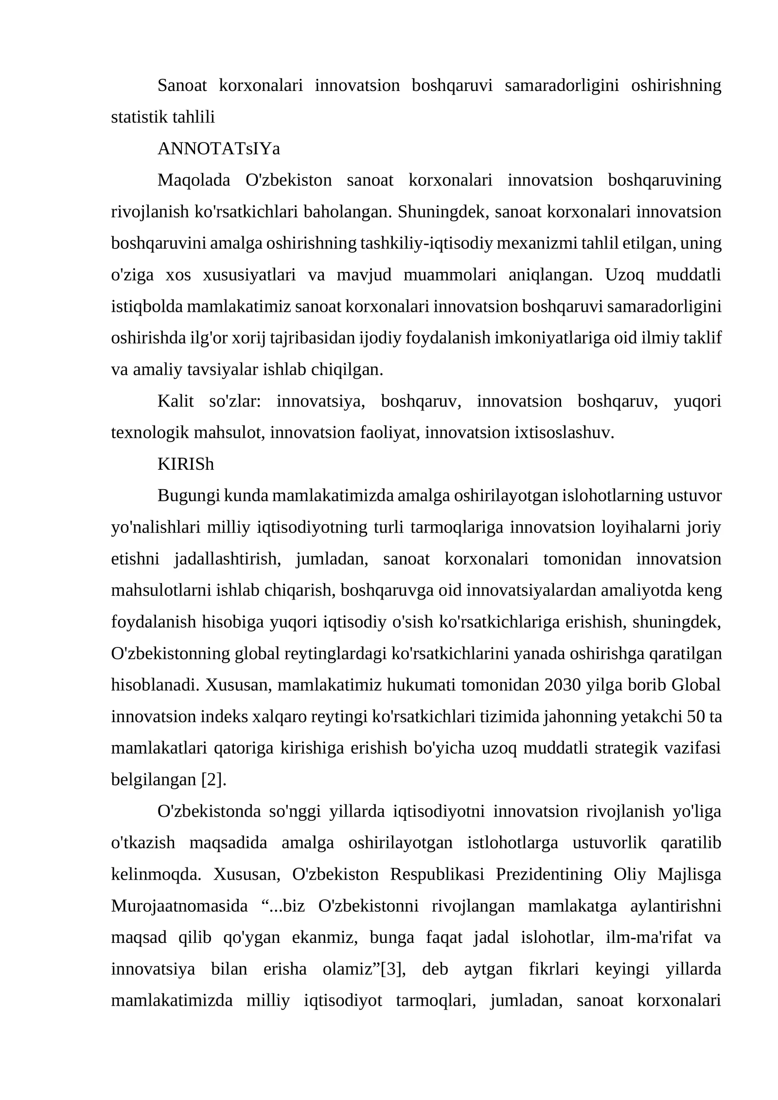 Sanoat korxonalari innovatsion boshqaruvi samaradorligini oshirishning statistik tahlili