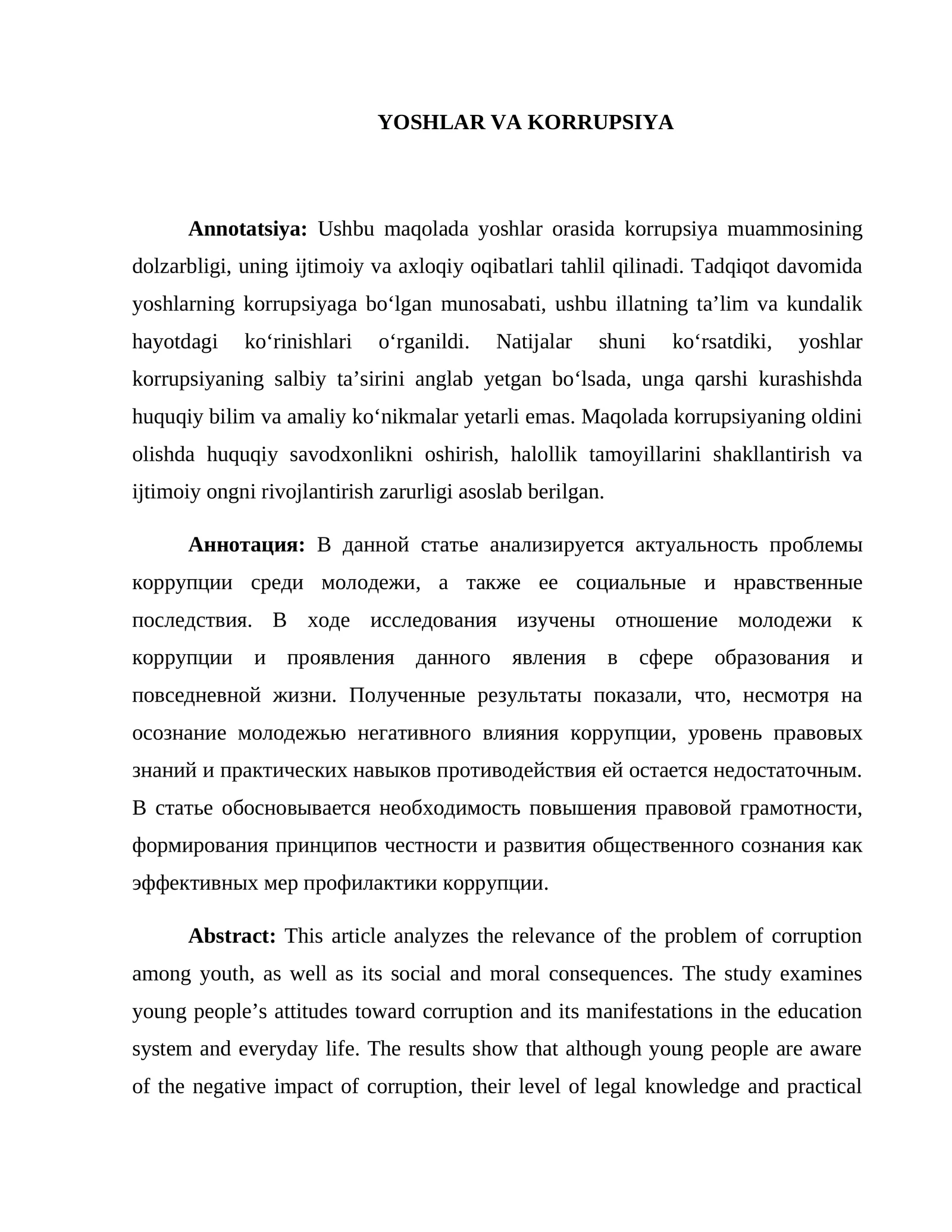 YOSHLAR VA KORRUPSIYA