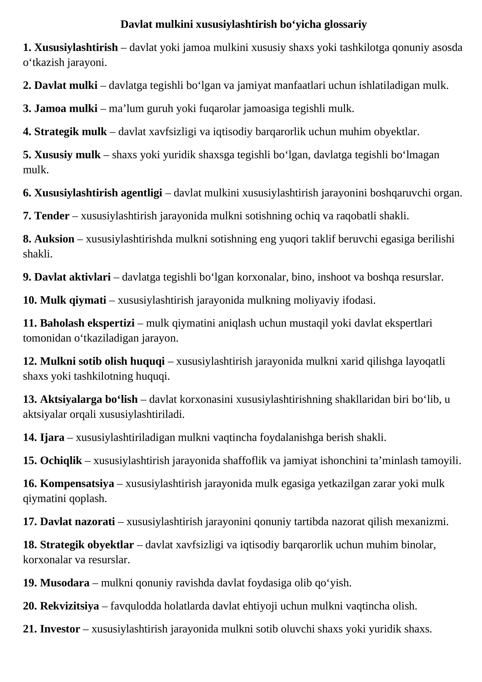 Davlat mulkini xususiylashtirish bo‘yicha glossariy