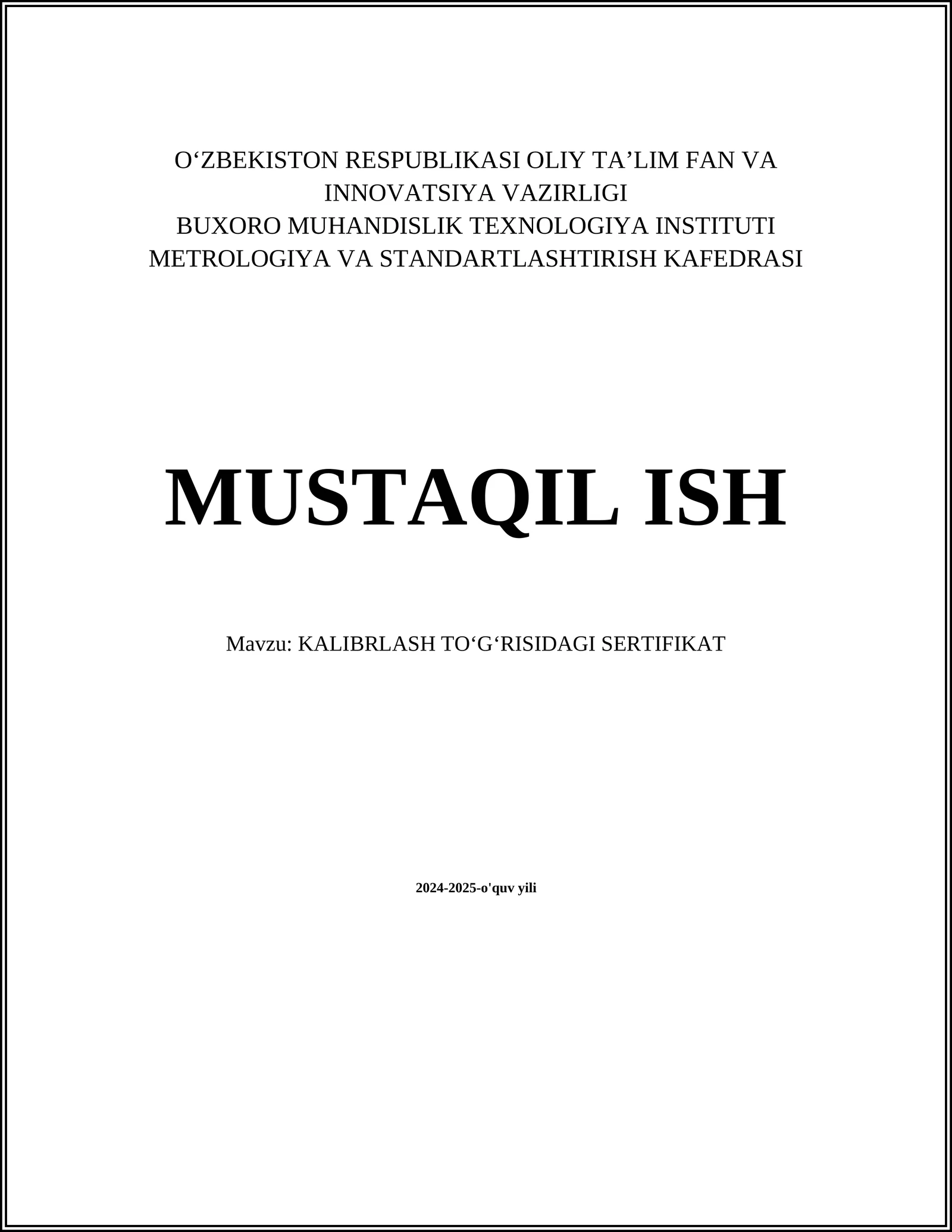 KALIBRLASH TOʻGʻRISIDAGI SERTIFIKAT