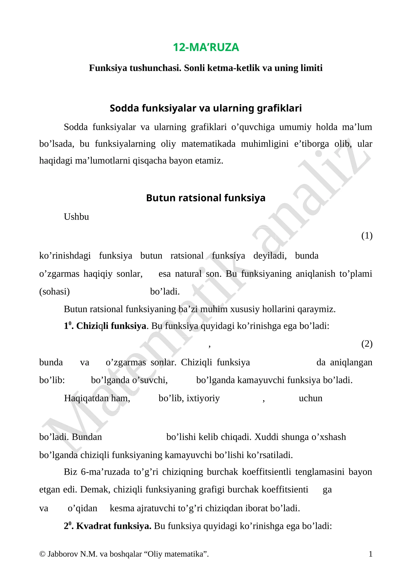 Funksiya tushunchasi. Sonli ketma-ketlik va uning limiti