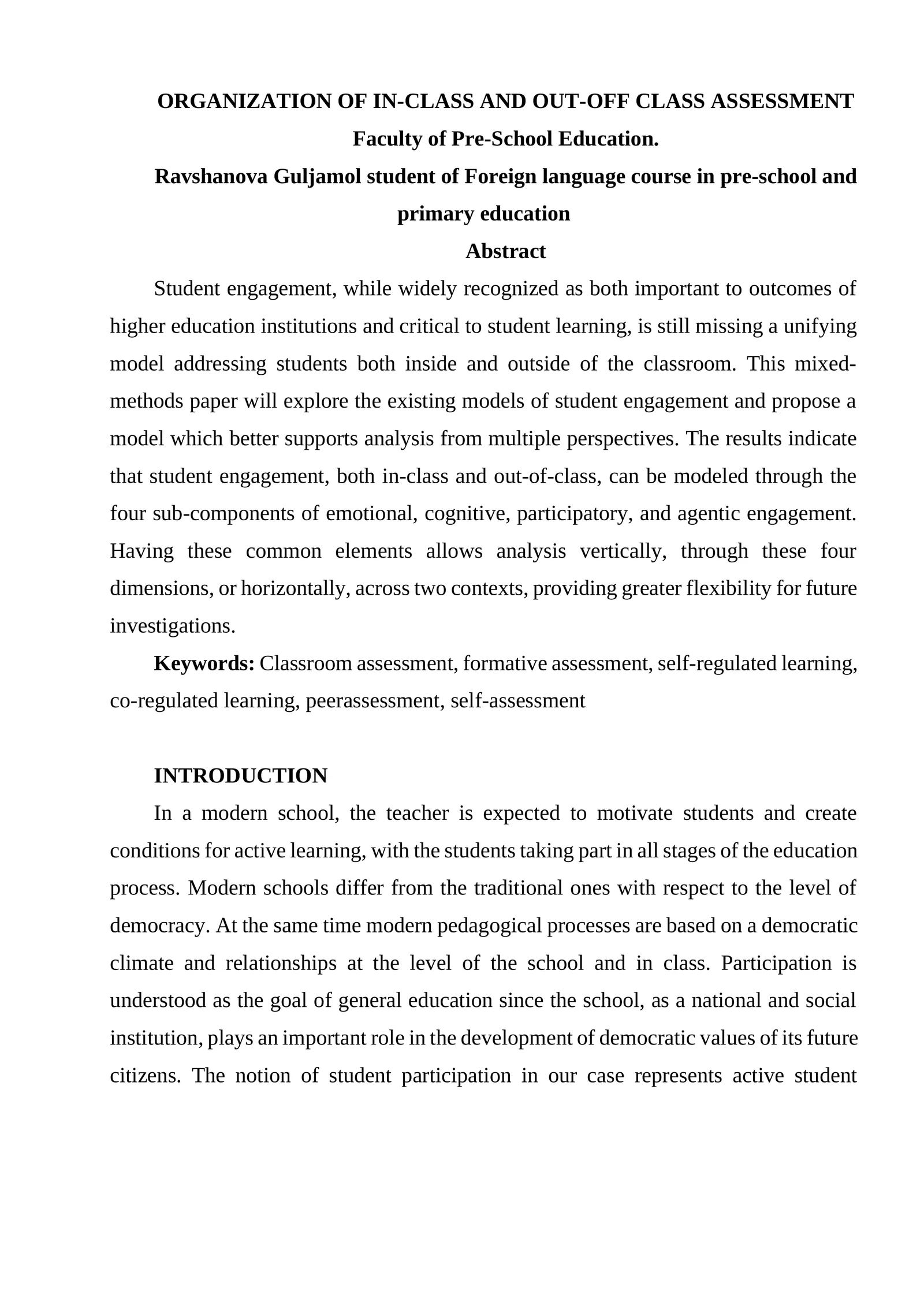 ORGANIZATION OF IN-CLASS AND OUT-OFF CLASS ASSESSMENT