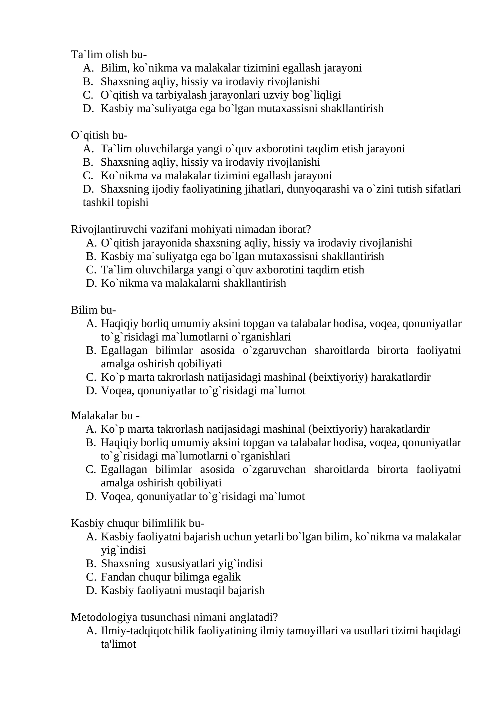 Ta'lim nazariyasi va metodologiyasi asoslari testlar