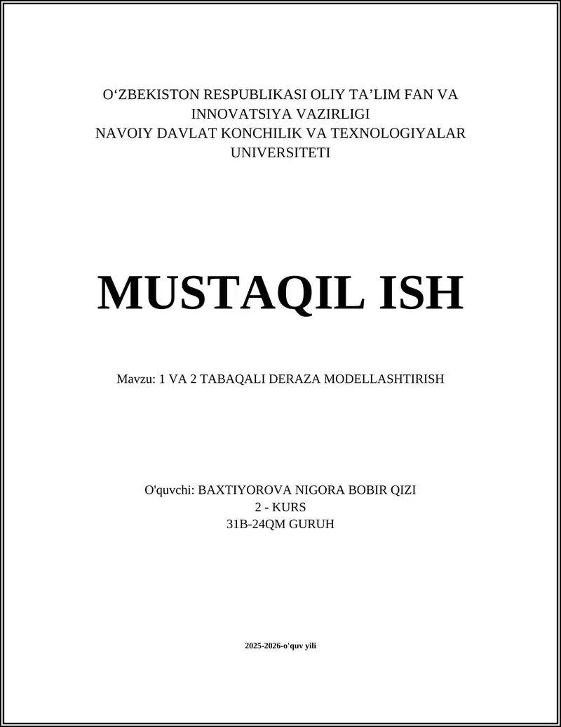 VA 2 TABAQALI DERAZA MODELLASHTIRISH