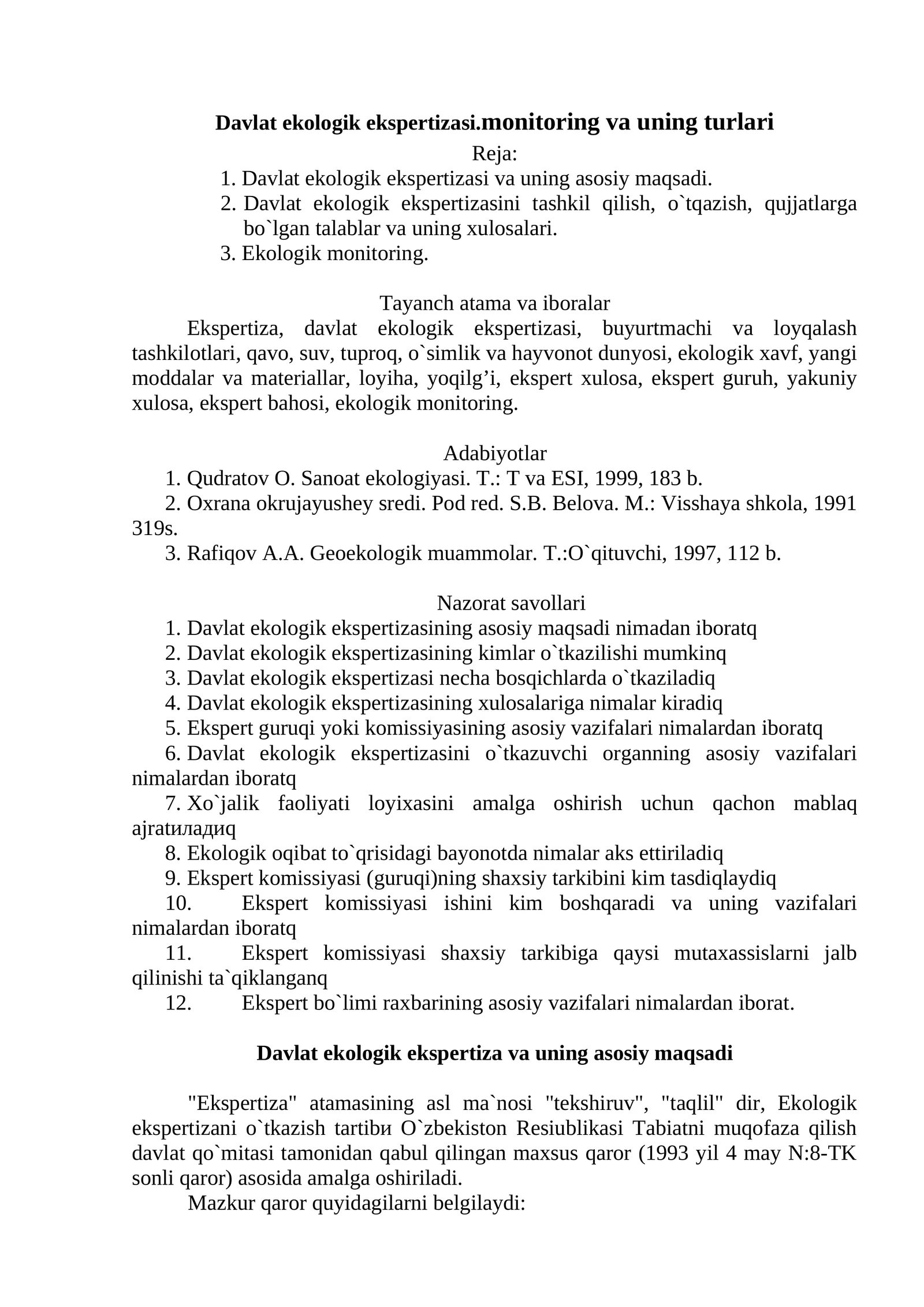 Davlat ekologik ekspertizasi.monitoring va uning turlari