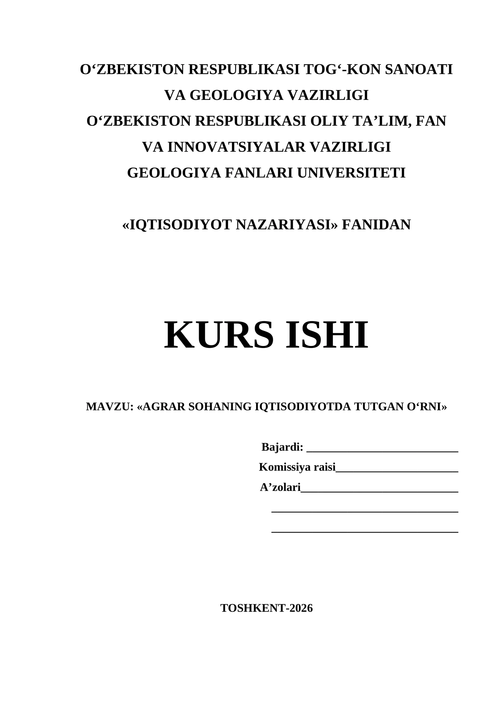 AGRAR SOHANING IQTISODIYOTDA TUTGAN O‘RNI kurs ishi