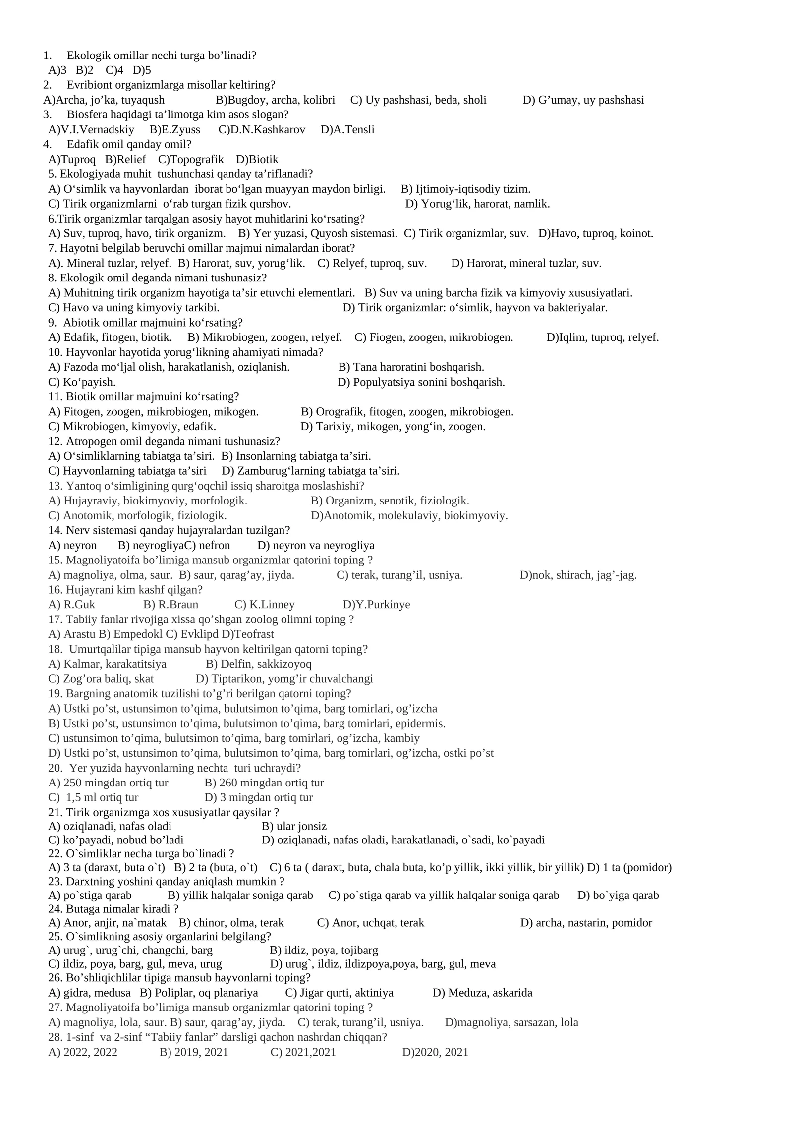 Ekologiya sinovlari va javoblari