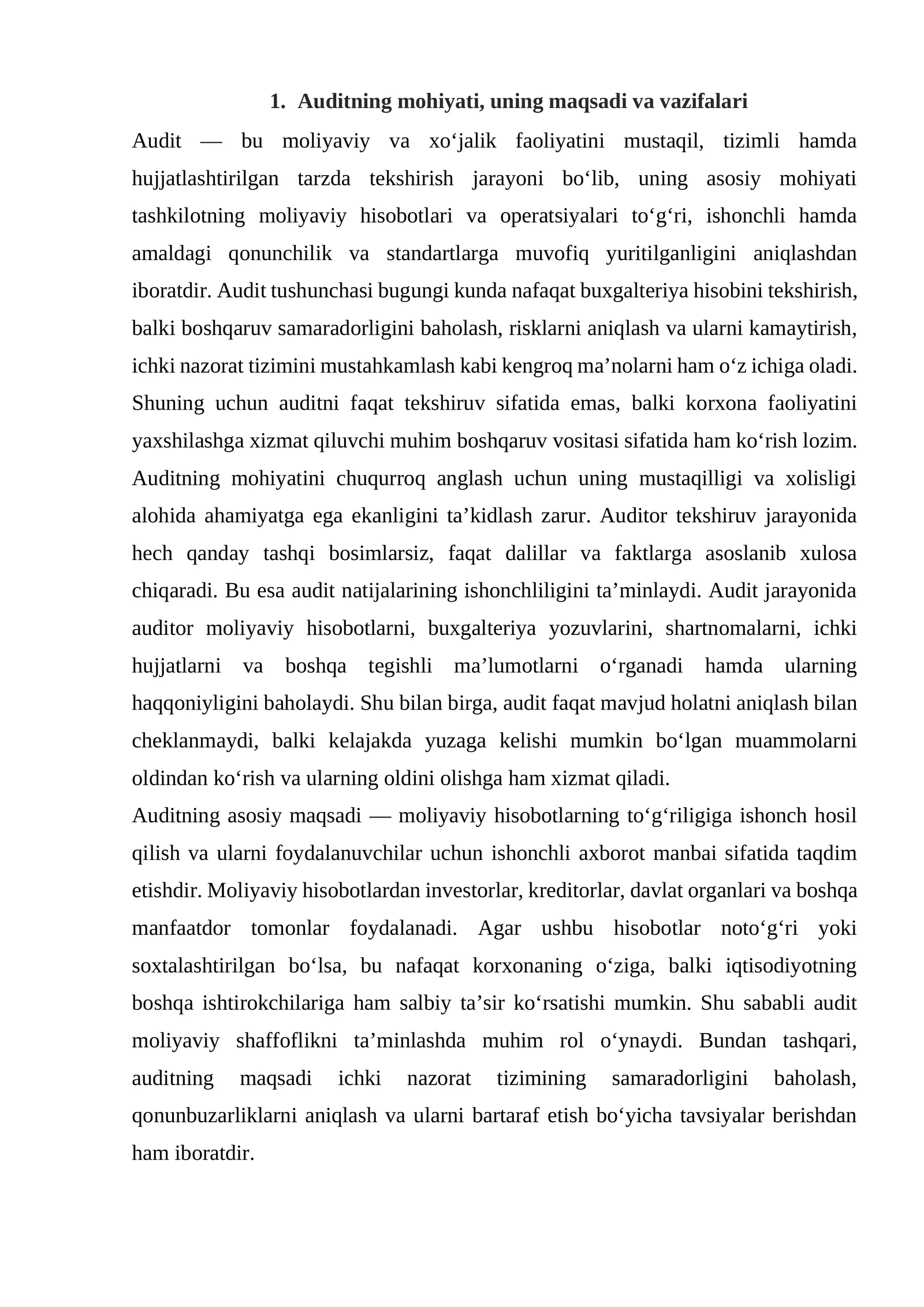 Auditning mohiyati, uning maqsadi va vazifalari