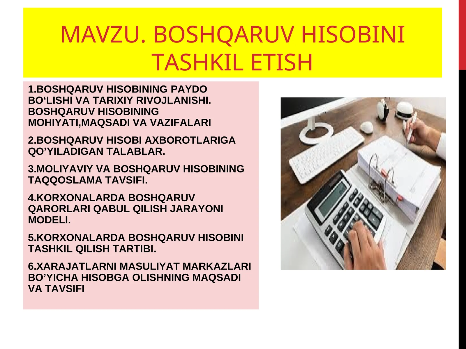 BOSHQARUV HISOBINI TASHKIL ETISH