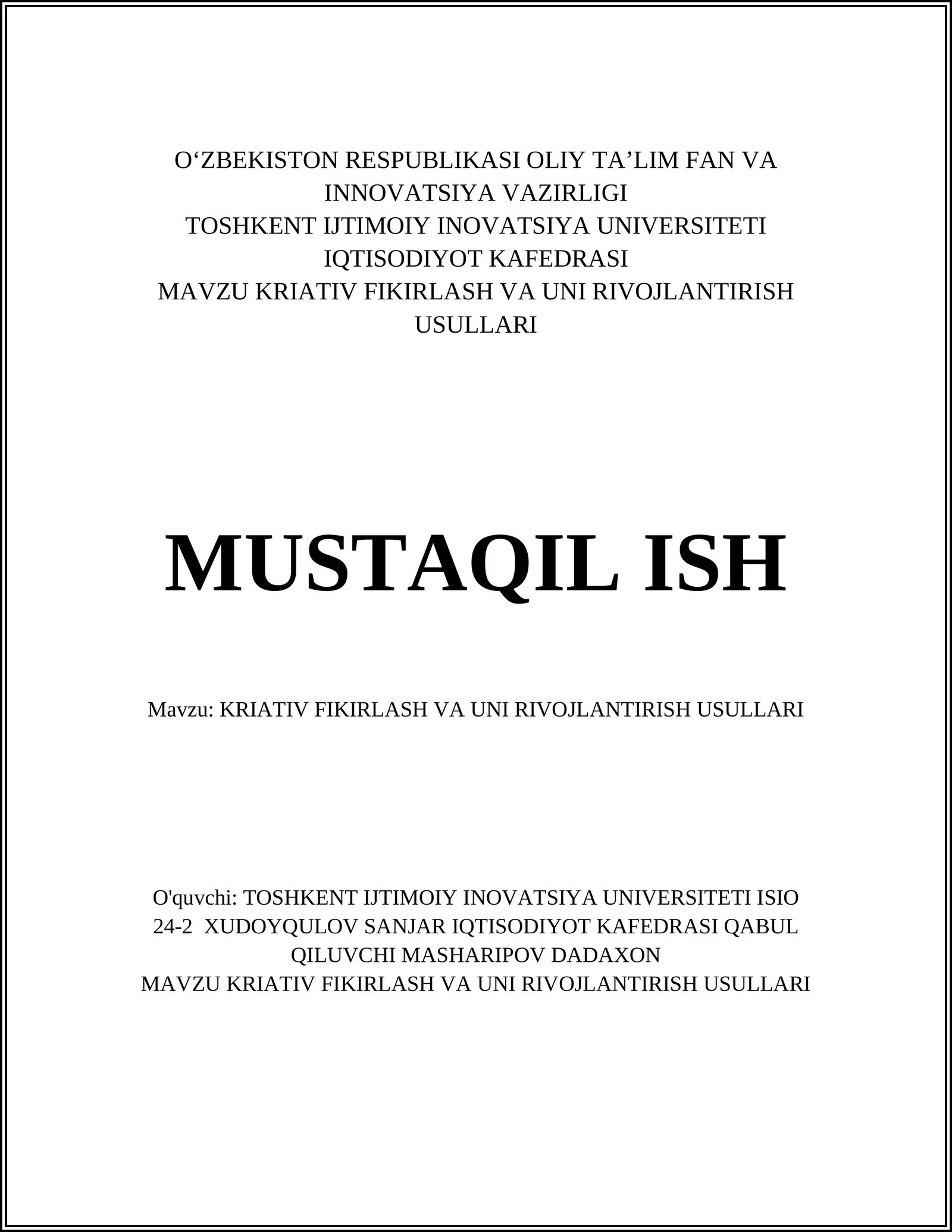 KRIATIV FIKIRLASH VA UNI RIVOJLANTIRISH USULLARI