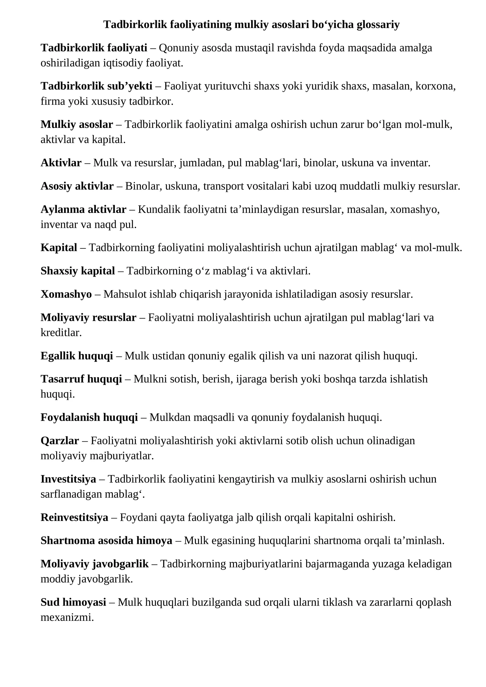 Tadbirkorlik faoliyatining mulkiy asoslari bo‘yicha glossariy