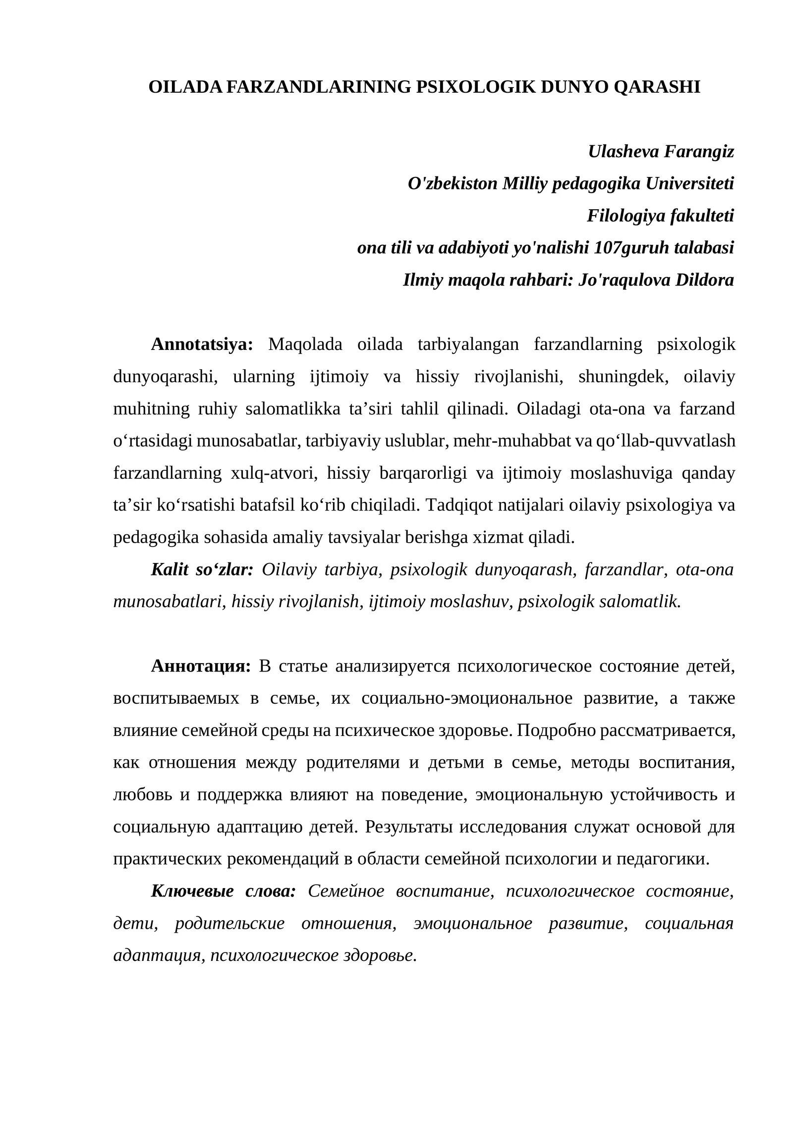 OILADA FARZANDLARINING PSIXOLOGIK DUNYO QARASHI