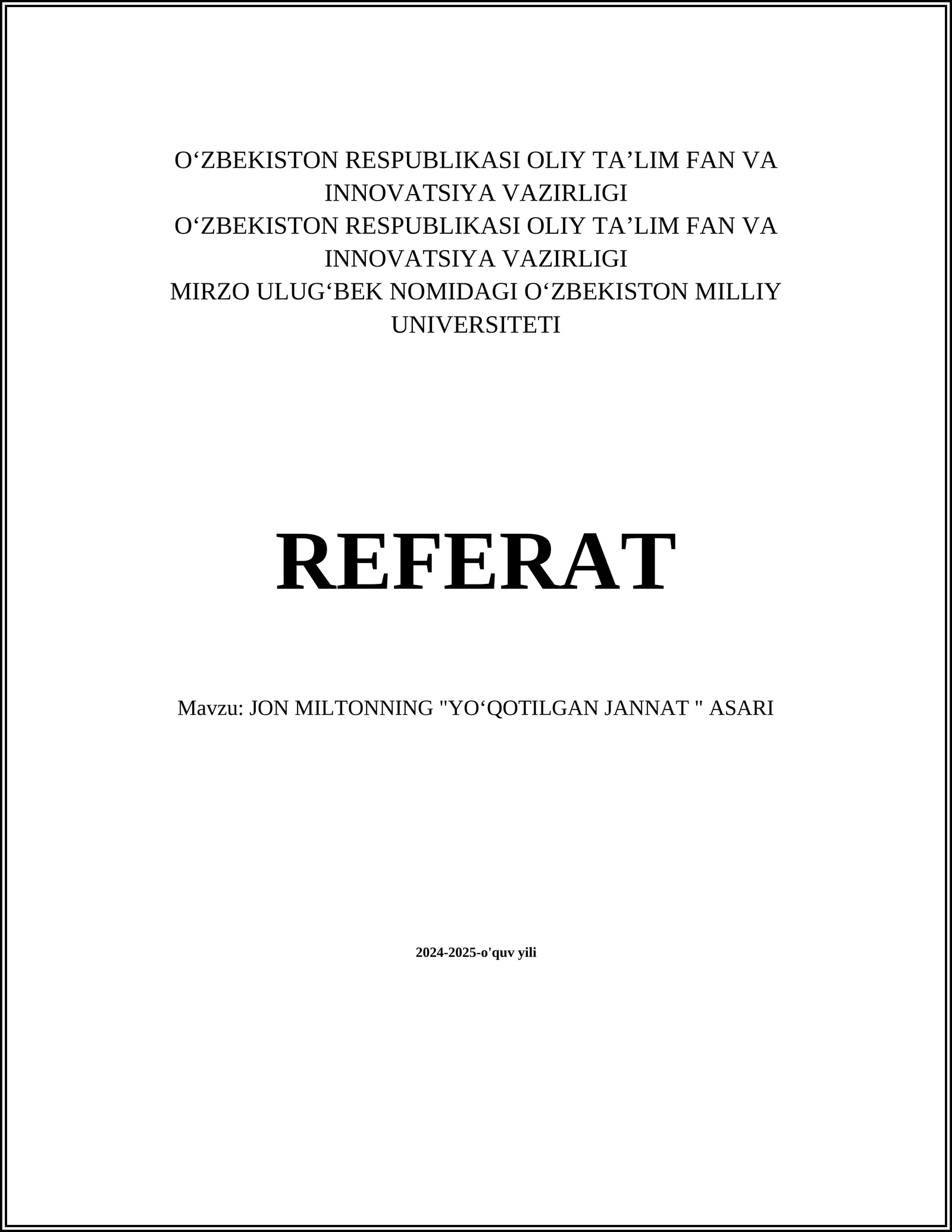 JON MILTONNING "YOʻQOTILGAN JANNAT " ASARI