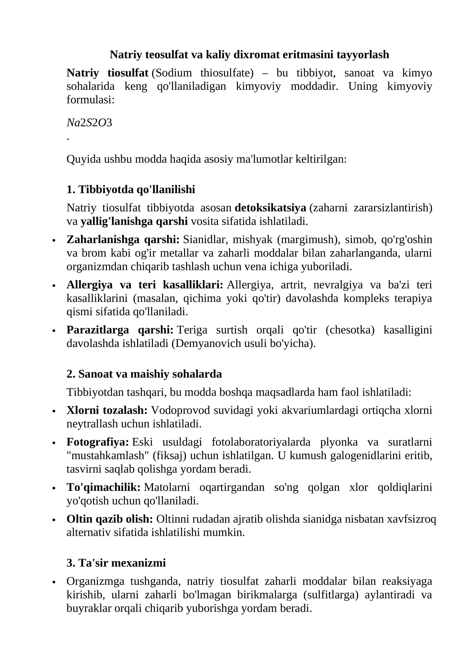 Natriy teosulfat va kaliy dixromat eritmasini tayyorlash