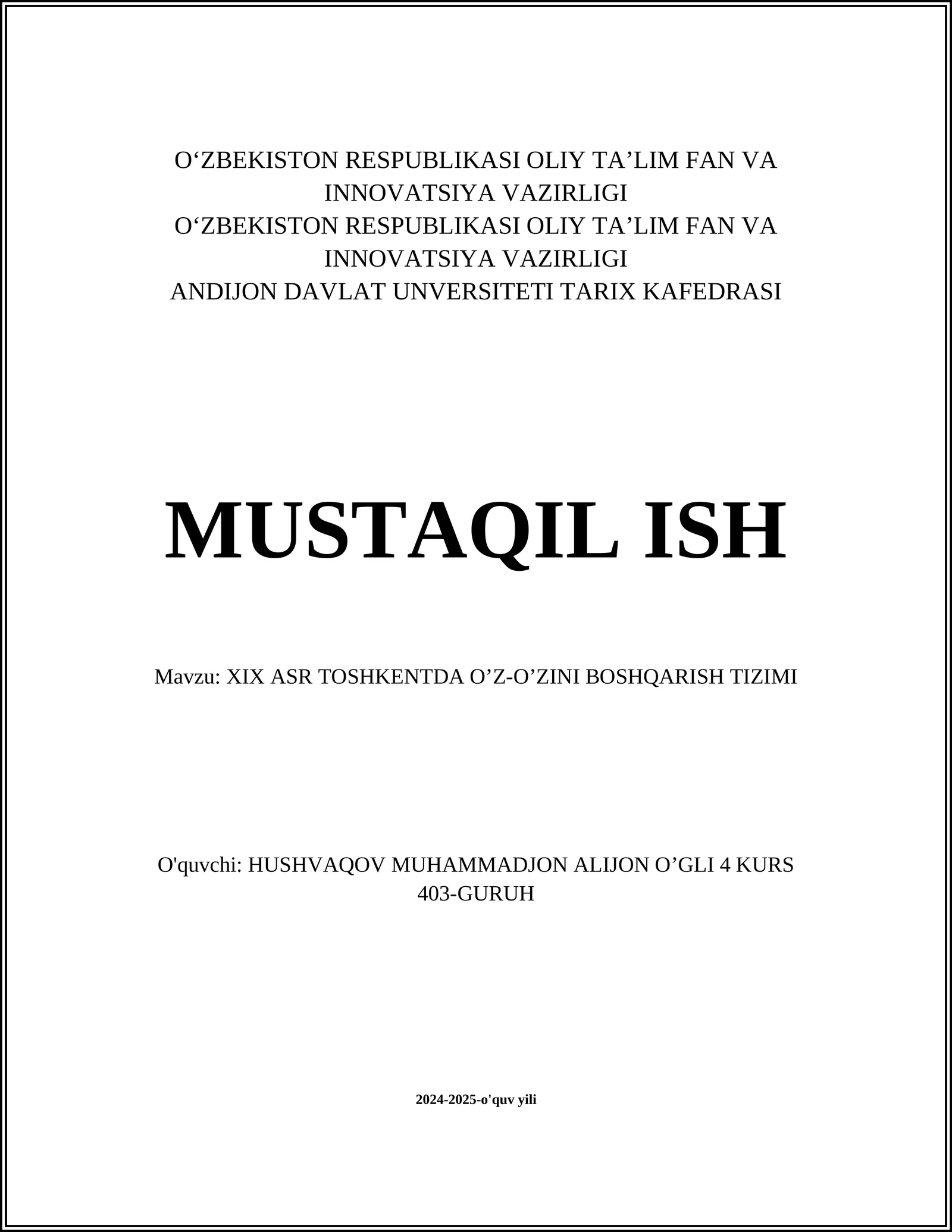 XIX ASR TOSHKENTDA O’Z-O’ZINI BOSHQARISH TIZIMI