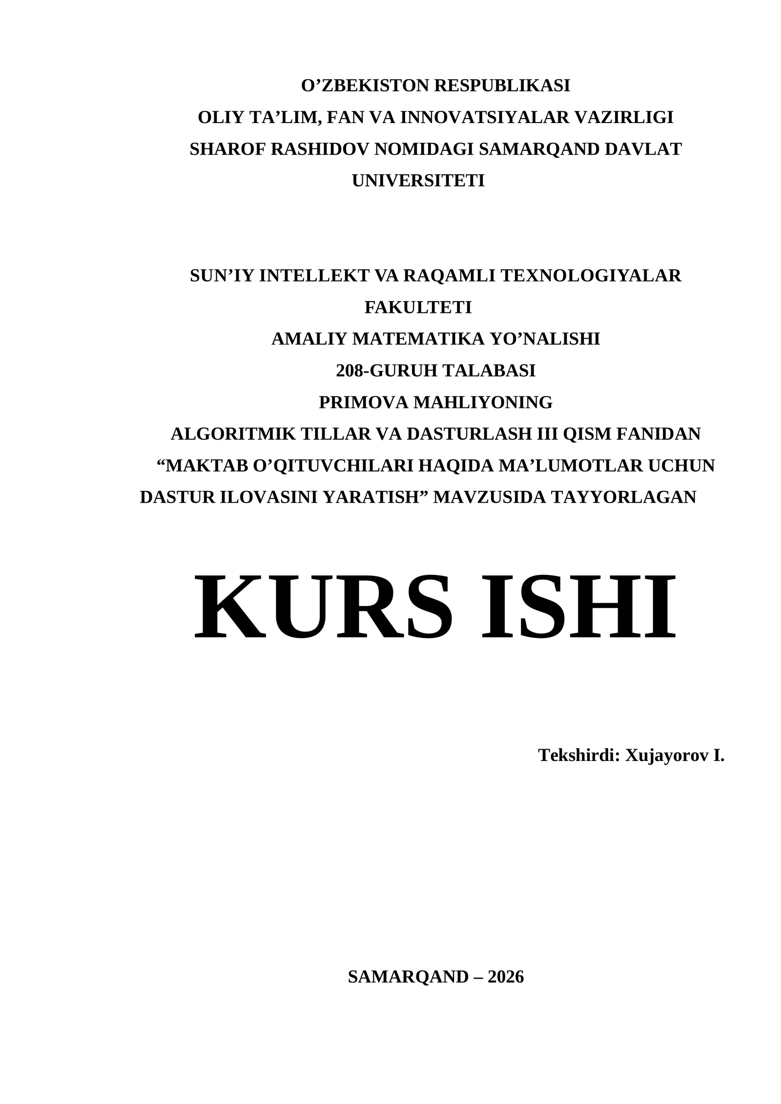 Visual Studio muhitida dasturlash | Kurs ishi - MAKTAB O’QITUVCHILARI HAQIDA MA’LUMOTLAR UCHUN DASTUR ILOVASINI YARATISH