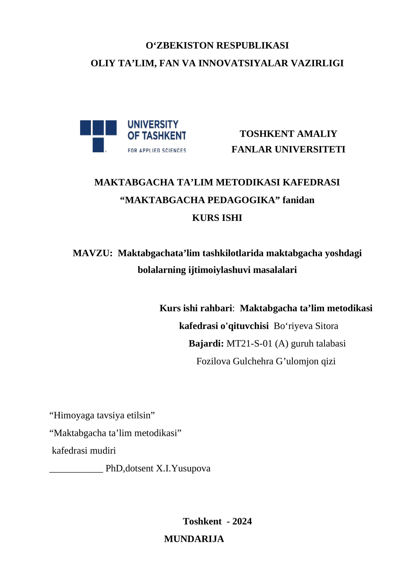 Maktabgachata’lim tashkilotlarida maktabgacha yoshdagi bolalarning ijtimoiylashuvi masalalari