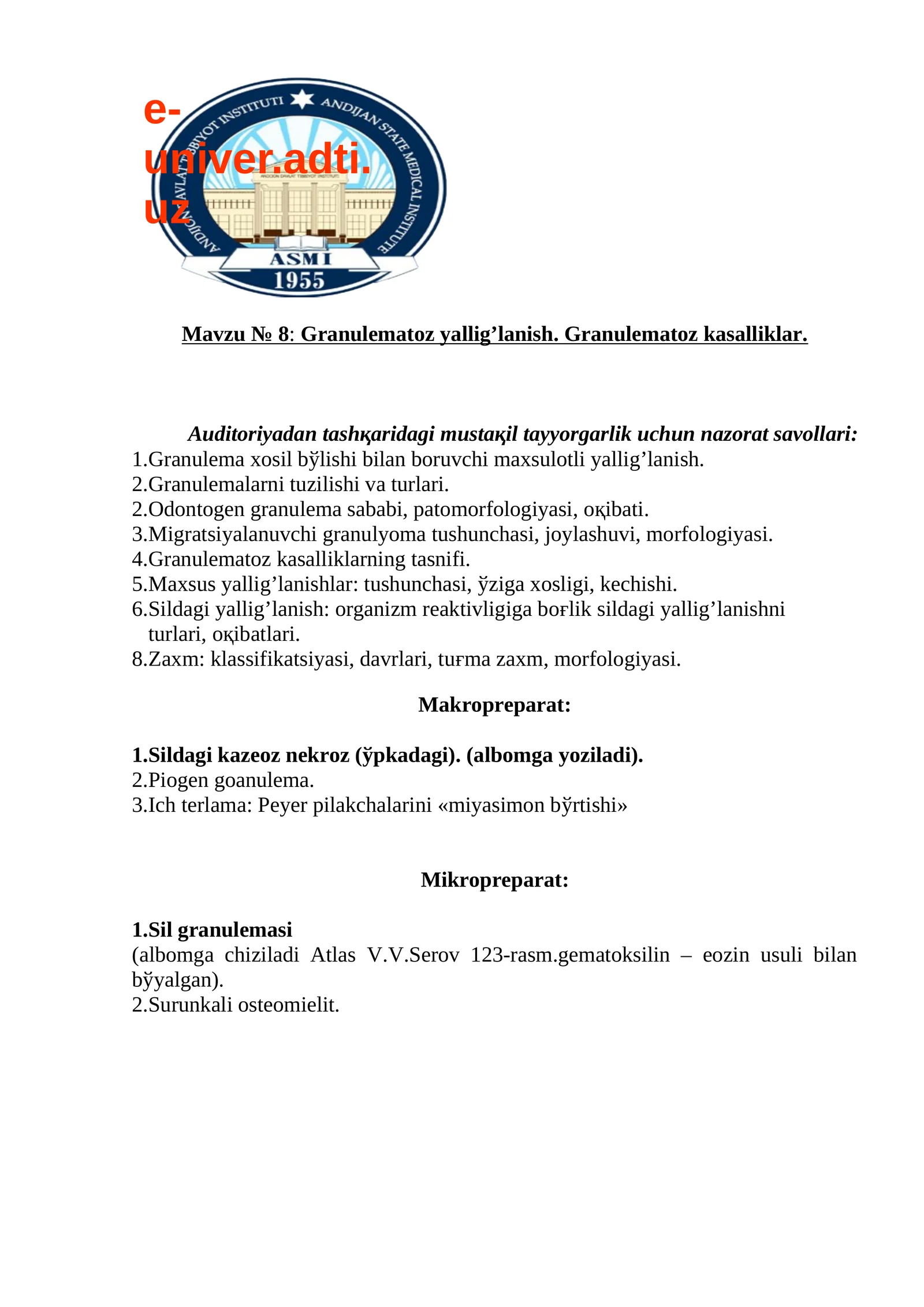 Granulematoz yallig’lanish. Granulematoz kasalliklar