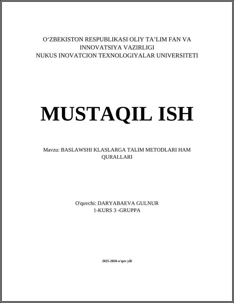 BASLAWSHI KLASLARGA TALIM METODLARI HAM QURALLARI