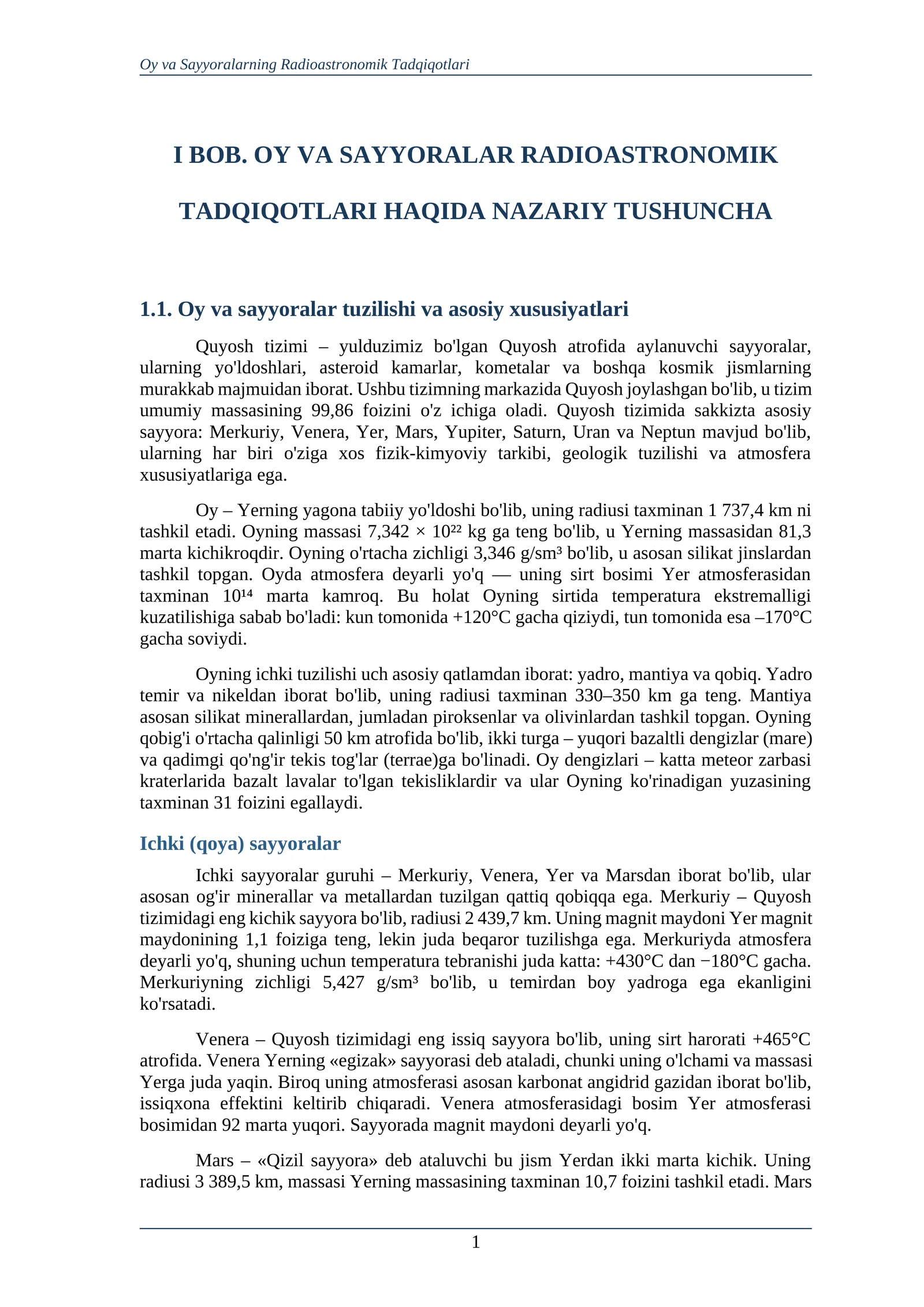 OY VA SAYYORALAR RADIOASTRONOMIK TADQIQOTLARI HAQIDA NAZARIY TUSHUNCHA