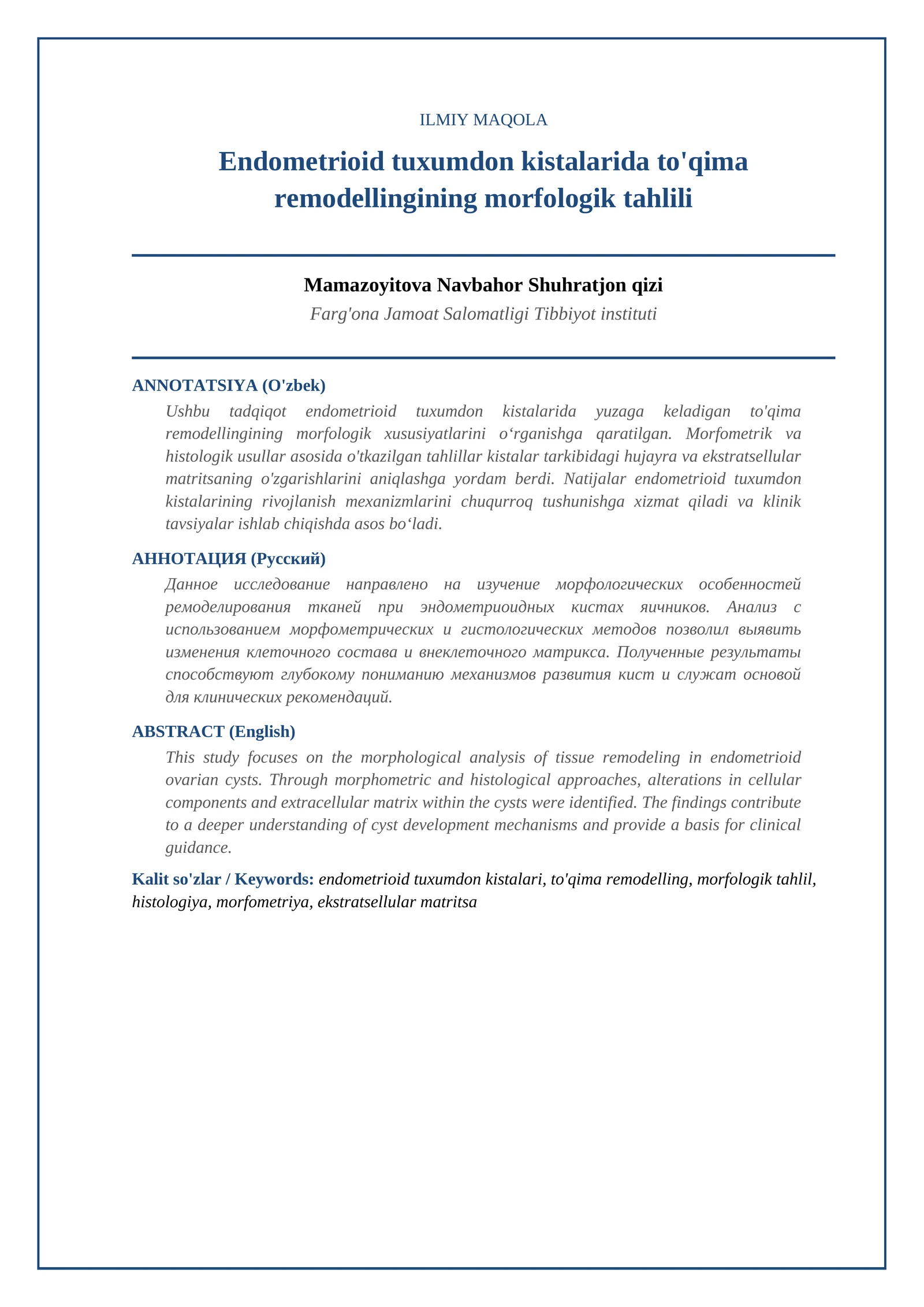 Endometrioid tuxumdon kistalarida to'qima remodellingining morfologik tahlili