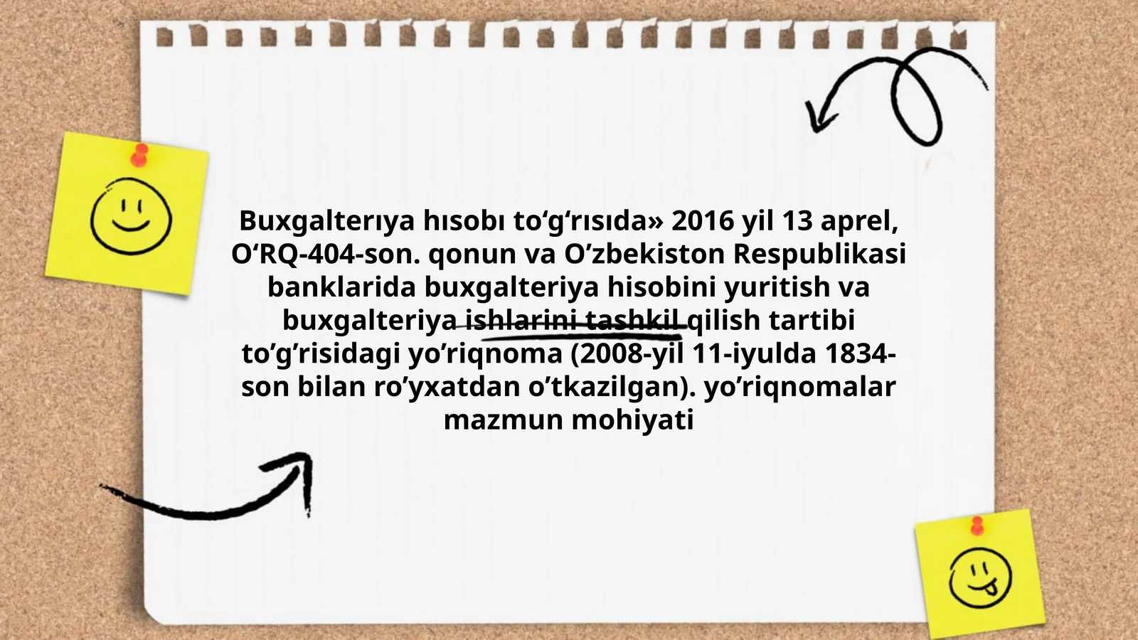 Buxgalterıya hısobı to‘g‘rısıda» 2016 yil 13 aprel, O‘RQ-404-son. qonun va O’zbekiston Respublikasi banklarida buxgalteriya hisobini yuritish va buxgalteriya ishlarini tashkil qilish tartibi to’g’risidagi yo’riqnoma
