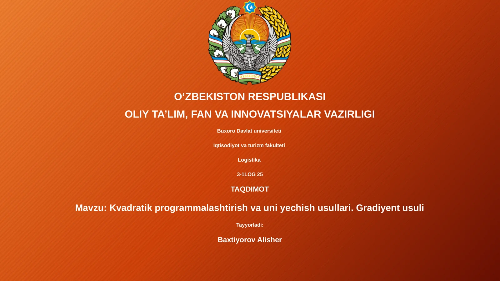 Kvadratik programmalashtirish va uni yechish usullari. Gradiyent usuli