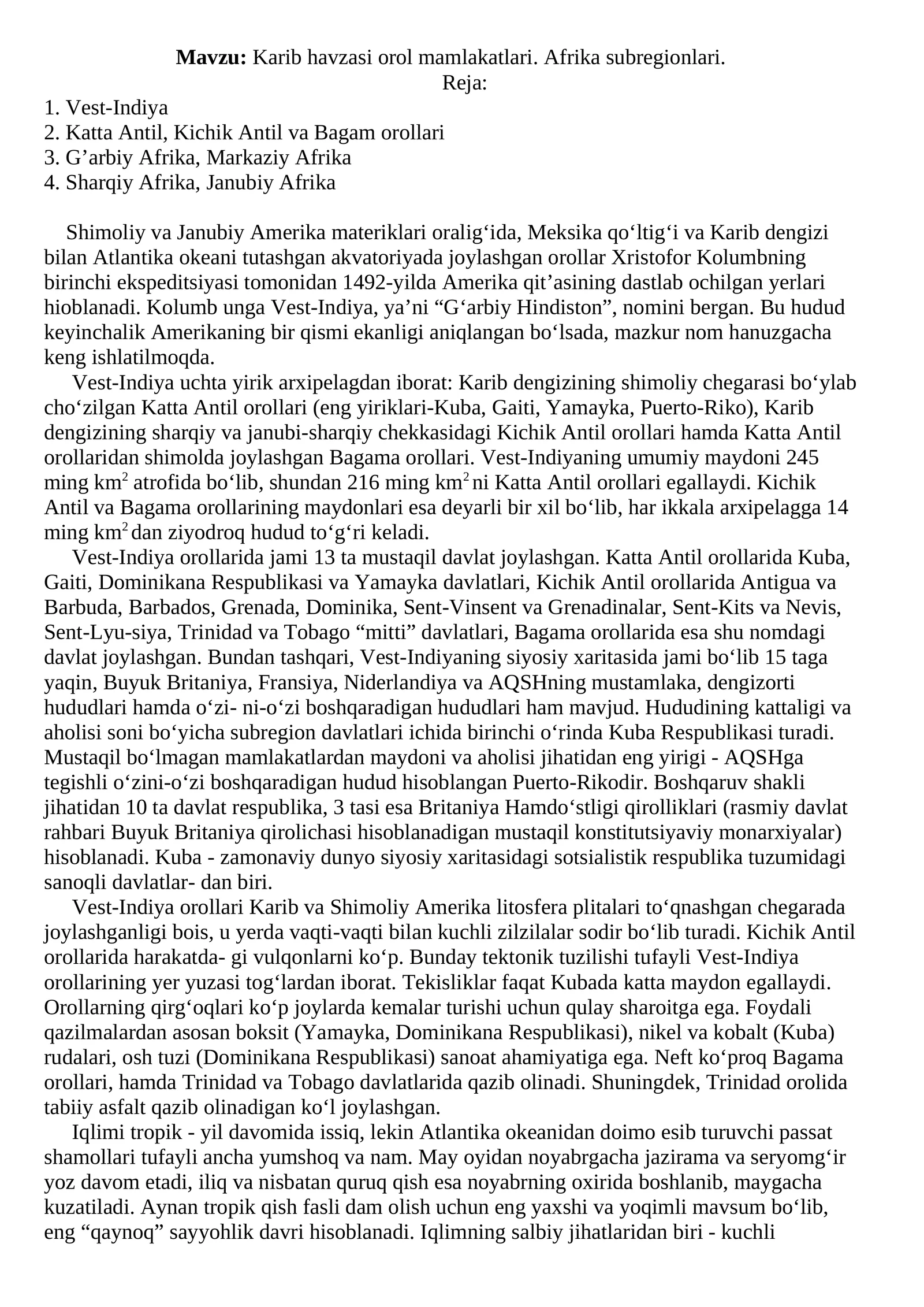 Karib havzasi orol mamlakatlari. Afrika subregionlari