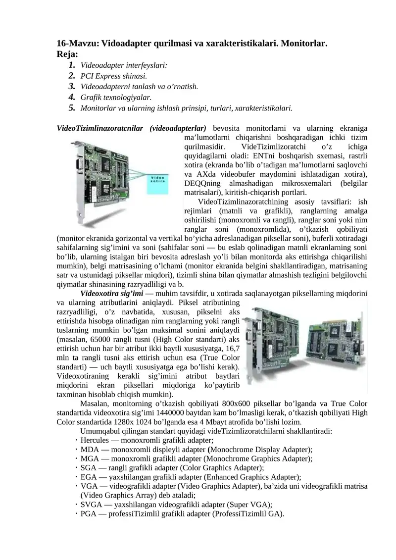 Vidoadapter qurilmasi va xarakteristikalari. Monitorlar.