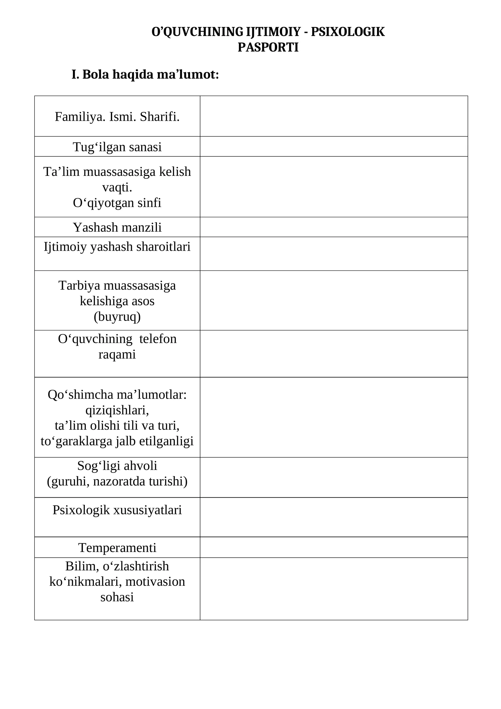 O’QUVCHINING IJTIMOIY - PSIXOLOGIK PASPORTI