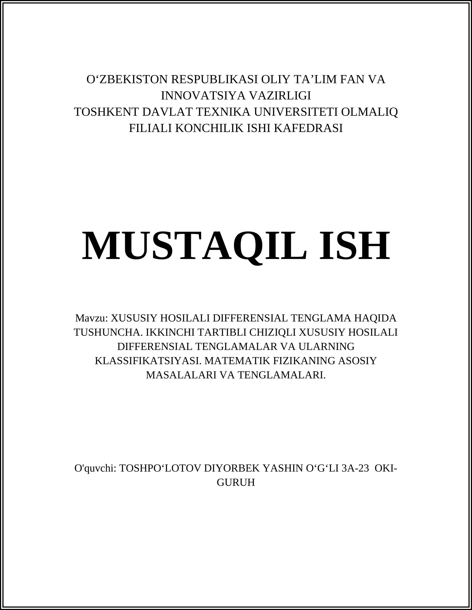XUSUSIY HOSILALI DIFFERENSIAL TENGLAMA
