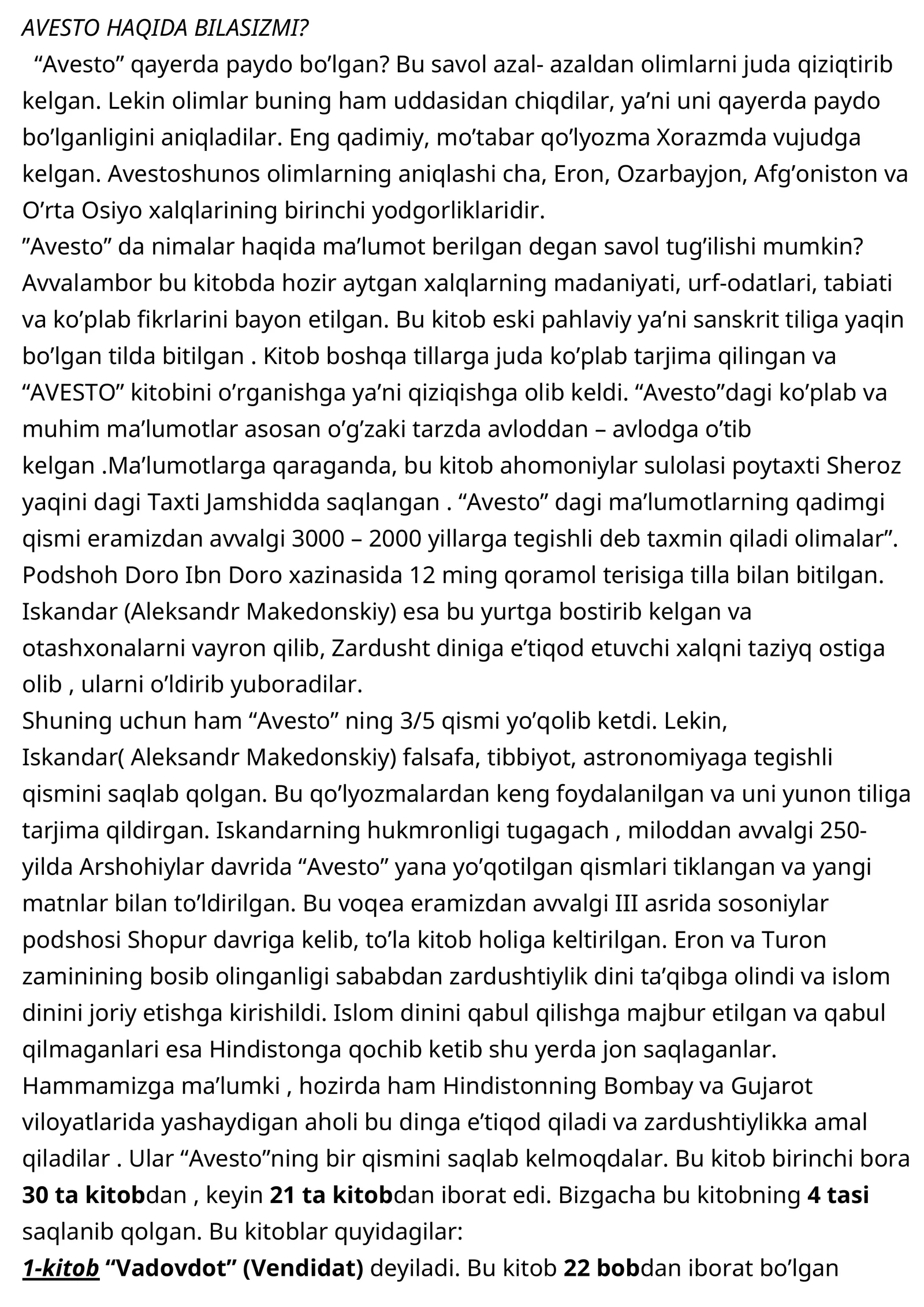 Avesto Haqida Bilasizmi?