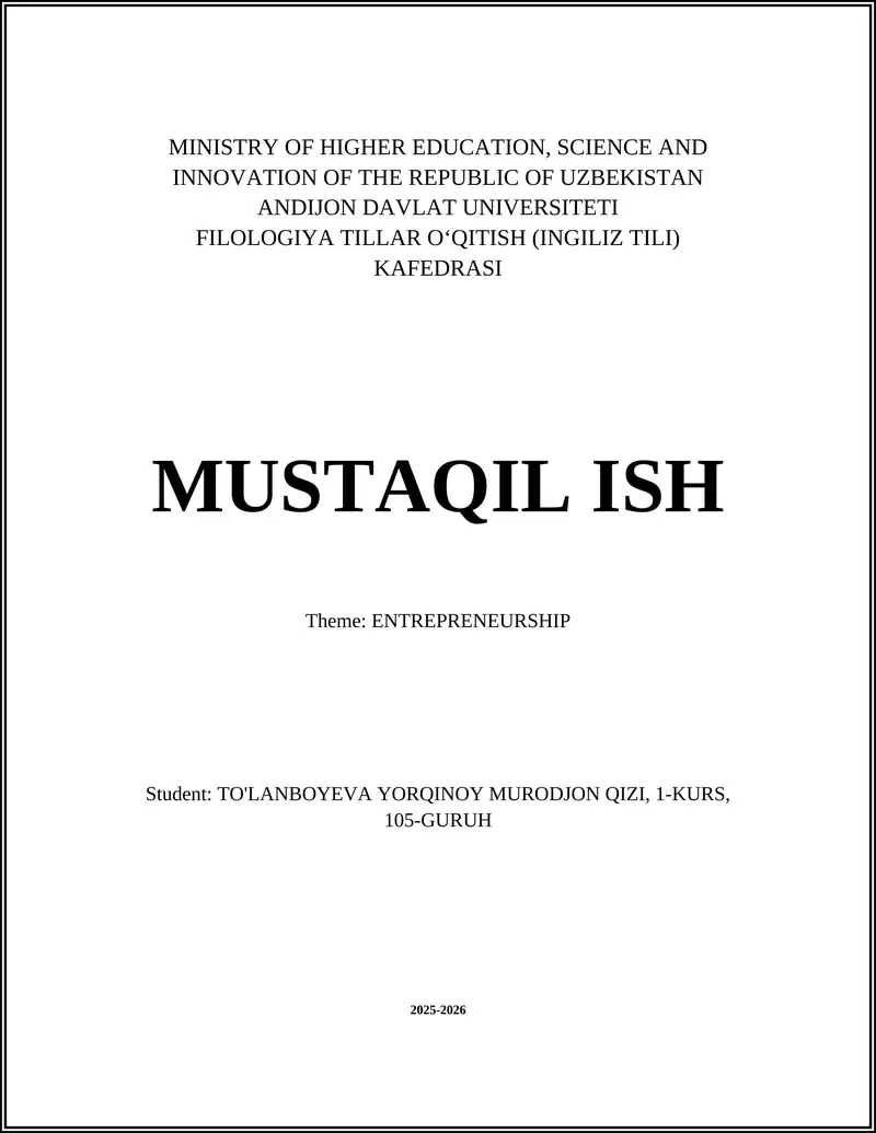 MUSTAQIL ISH Theme: ENTREPRENEURSHIP