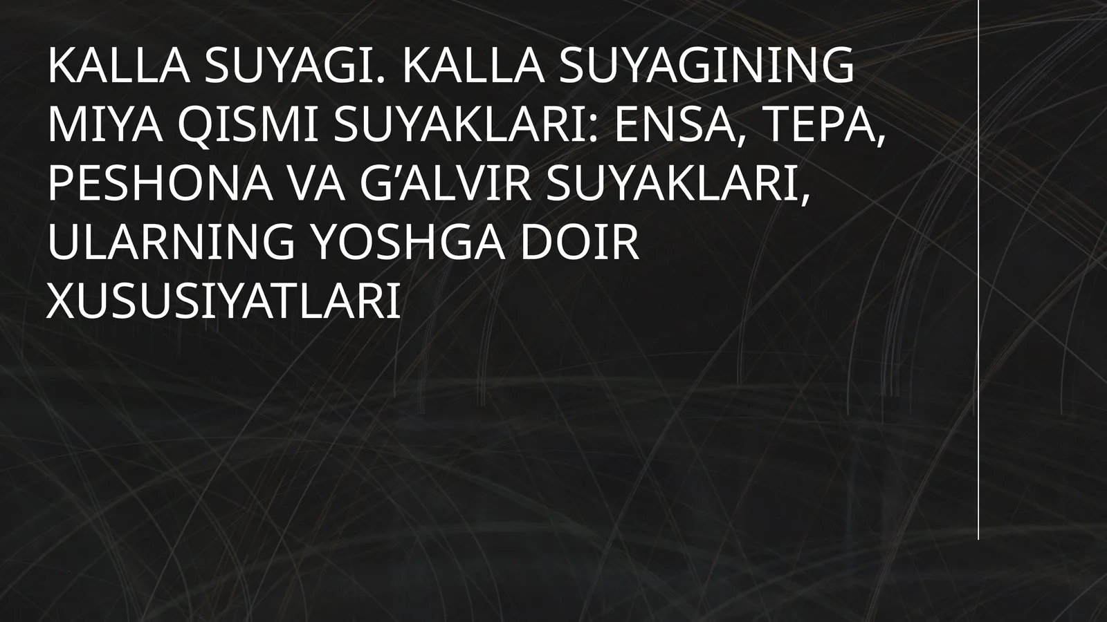 KALLA SUYAGI. KALLA SUYAGINING MIYA QISMI SUYAKLARI: ENSA, TEPA, PESHONA VA G’ALVIR SUYAKLARI, ULARN