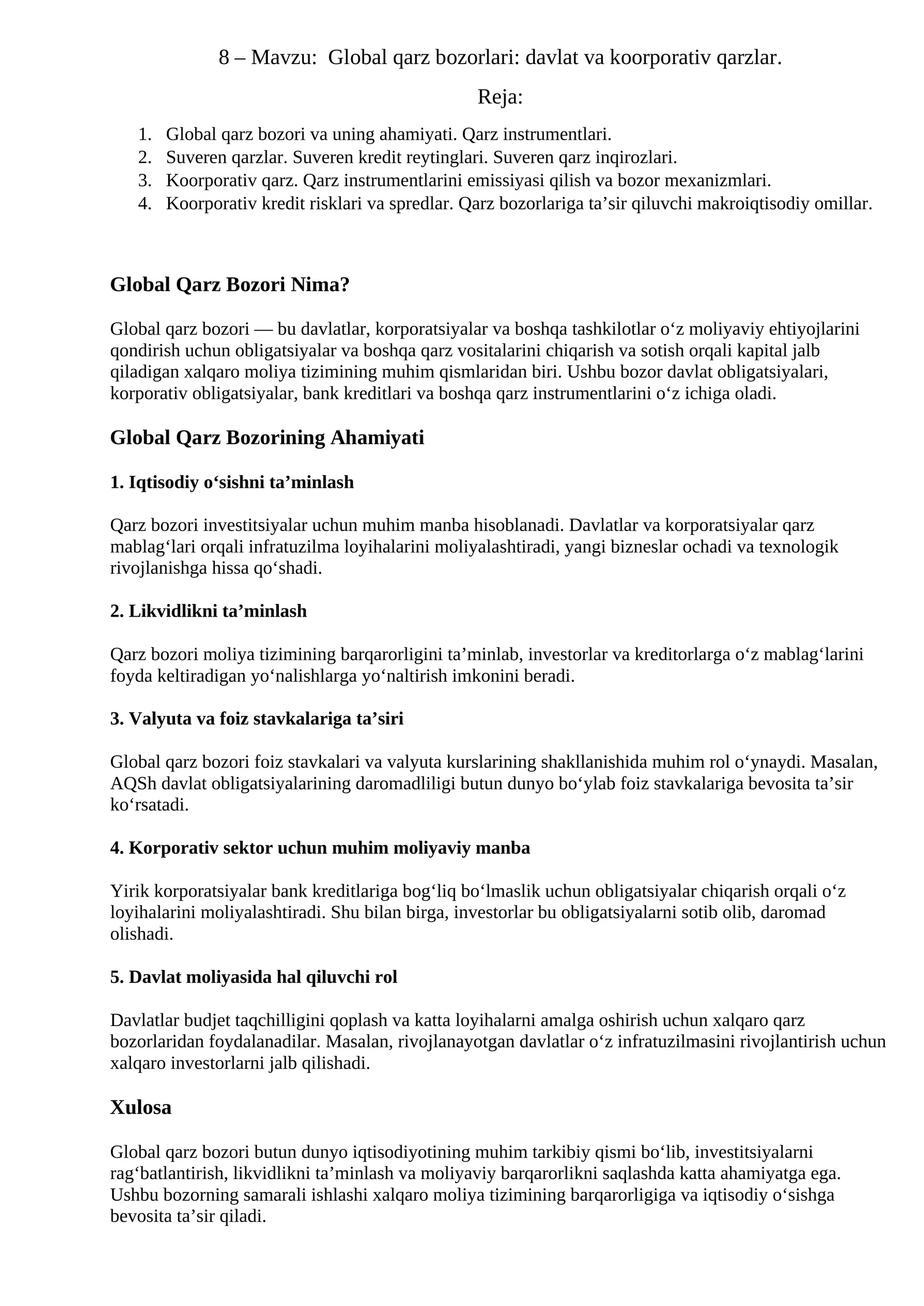 Global qarz bozorlari: davlat va koorporativ qarzlar