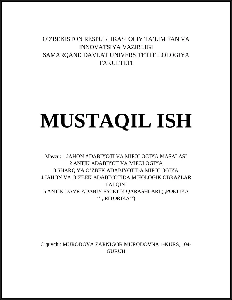 JAHON ADABIYOTI VA MIFOLOGIYA MASALASI