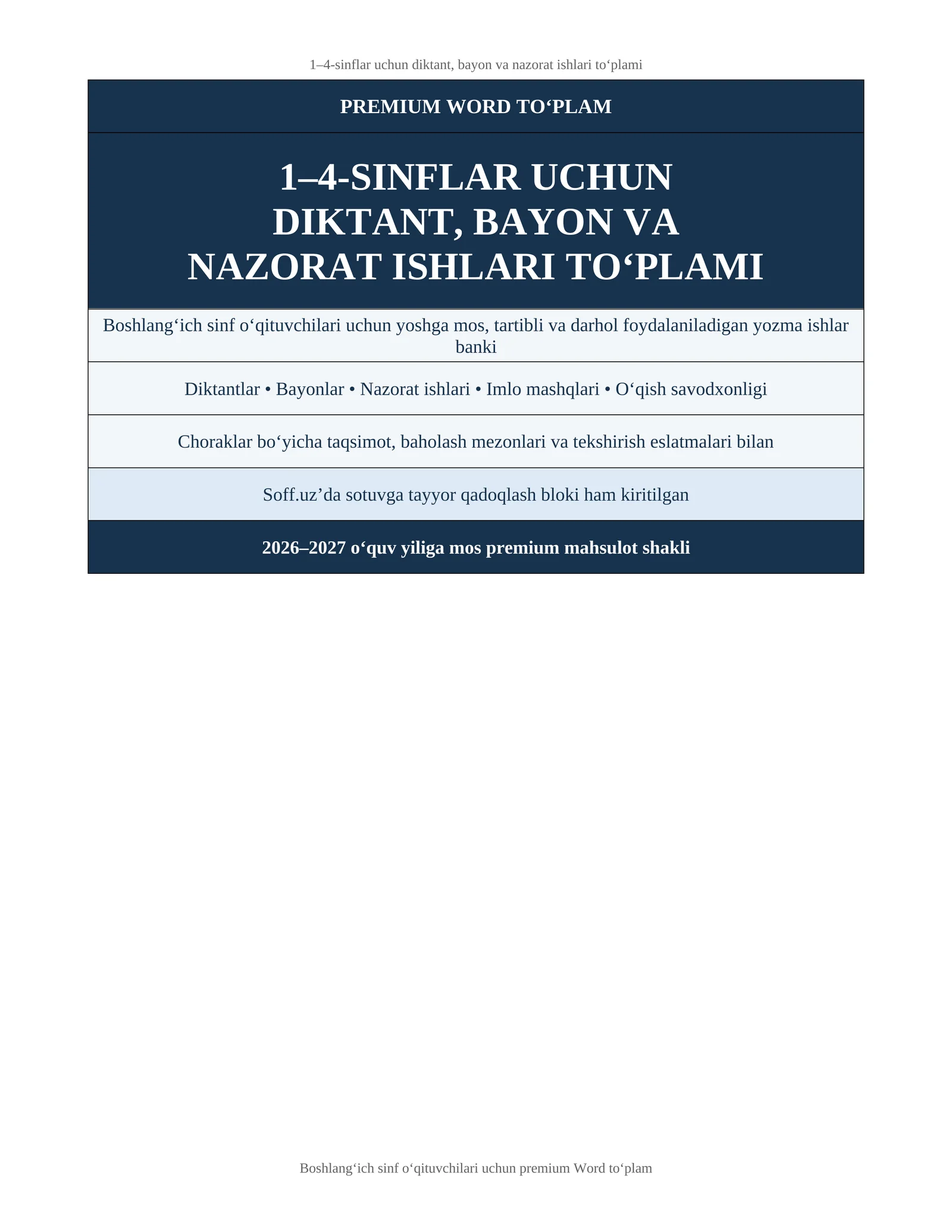 1–4-sinflar uchun diktant, bayon va nazorat ishlari to‘plami