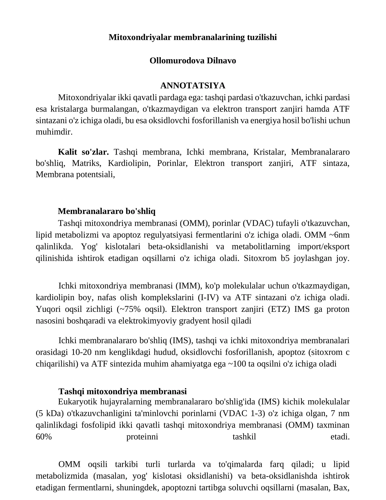 Mitoxondriyalar membranalarining tuzilishi