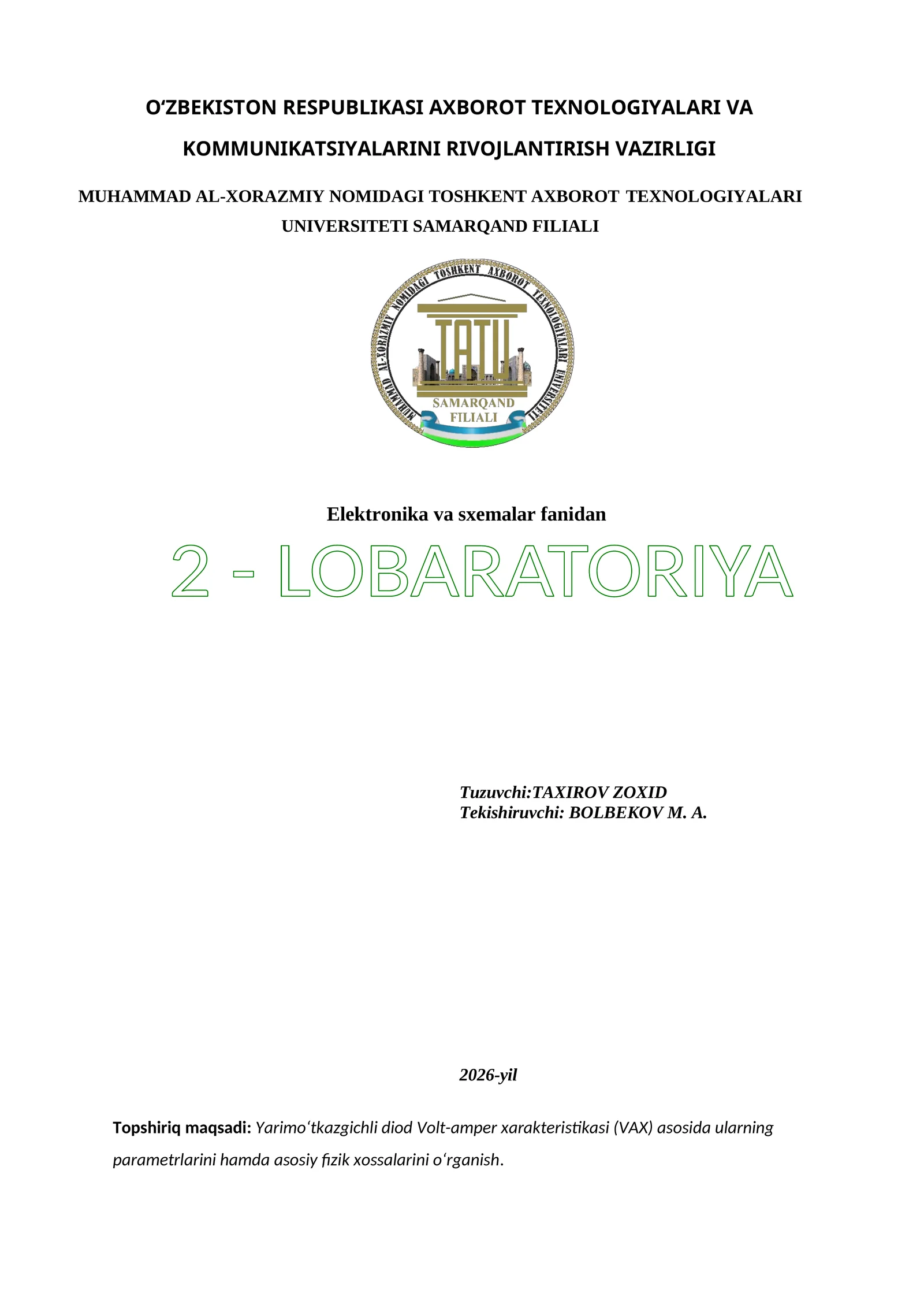 Elektronika va sxemalar fanidan 2 - LOBARATORIYA