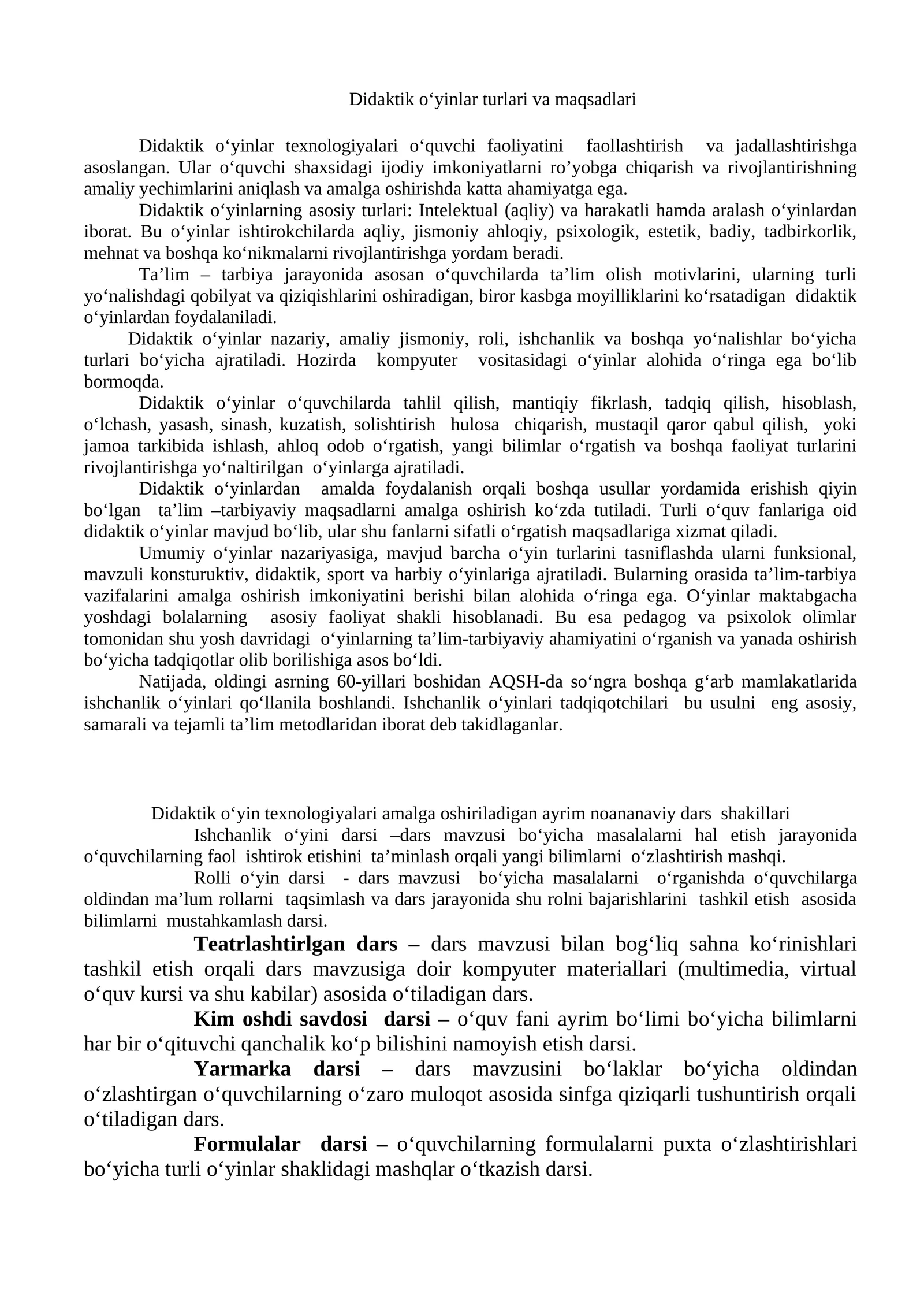 Didaktik o‘yinlar turlari va maqsadlari
